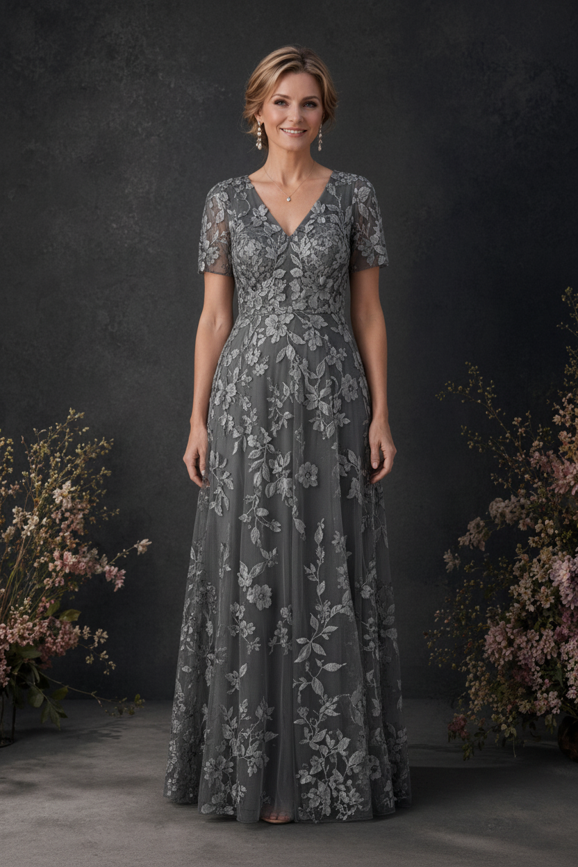 BOLODOO Grey 3D Floral Embroidered Lace V-Neck Short Sleeve A-Line Maxi Dress - front view