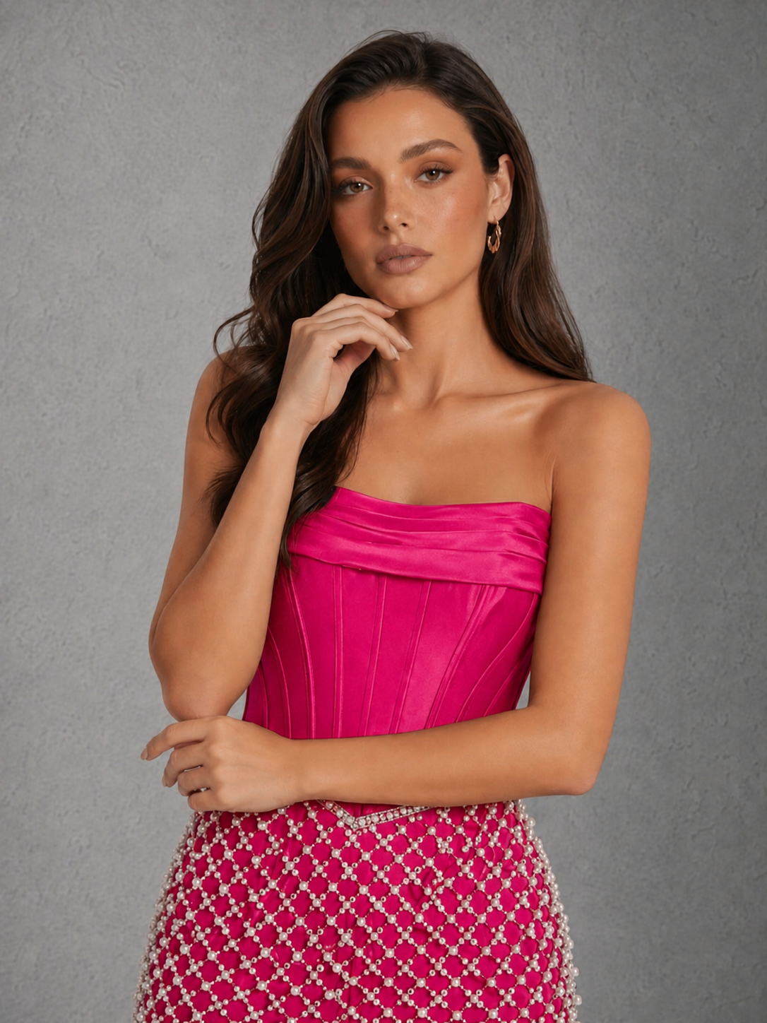 BOLODOO Hot Pink Strapless Boned Satin Corset Mini Dress with Silver Geometric Pearl Beaded Skirt and Lace-Up Open Back - view 3