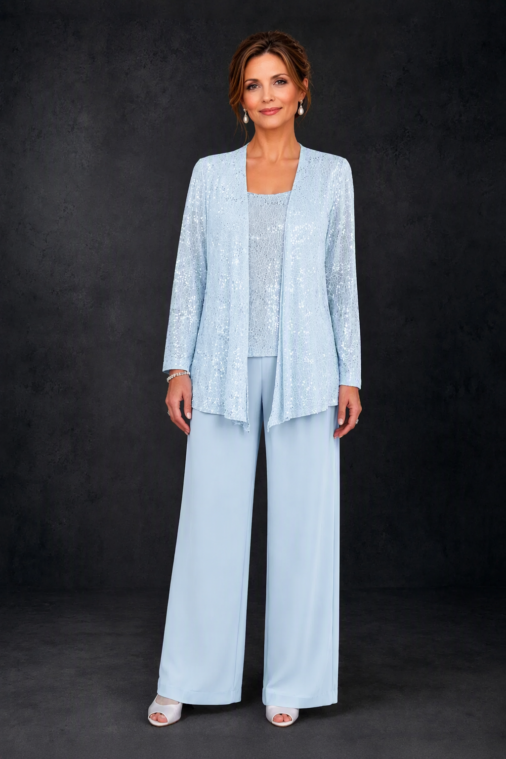 BOLODOO Ice Blue Sequin Lace 3-Piece Pant Suit with Long Sleeve Jacket - front view