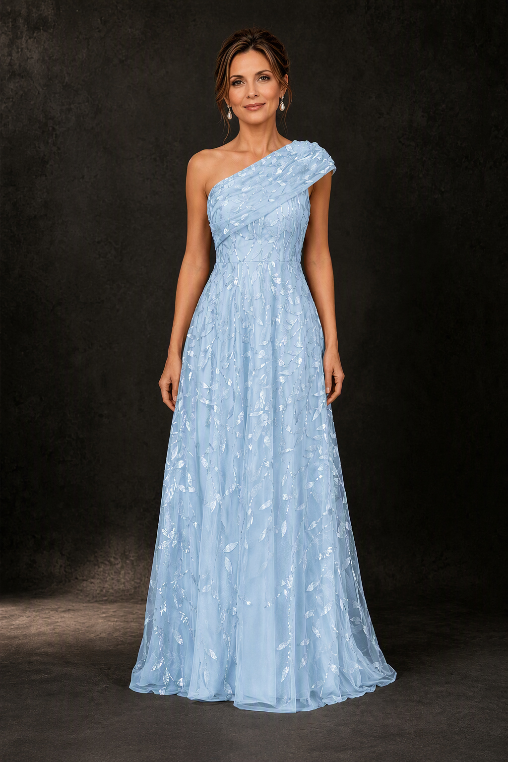 BOLODOO Light Blue Gold Leaf Sequin One-Shoulder A-Line Maxi Gown – Mother of the Bride & Formal Evening Dress - front view