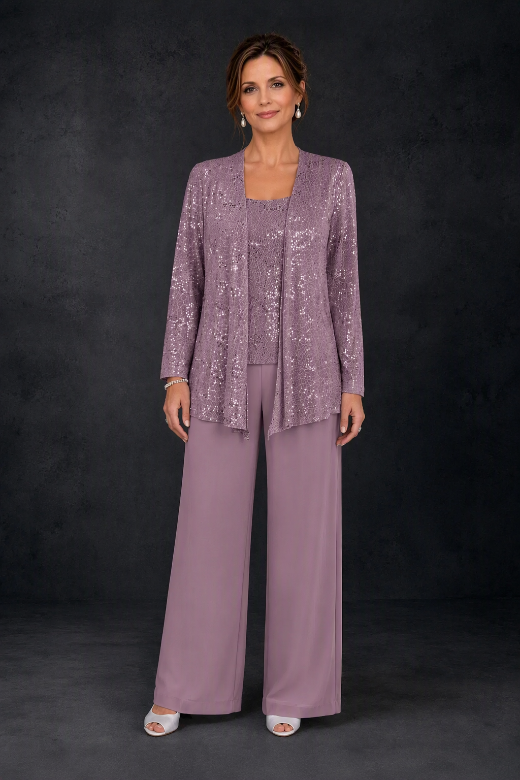 BOLODOO Mauve Sequin Lace 3-Piece Pant Suit with Long Sleeve Jacket - front view