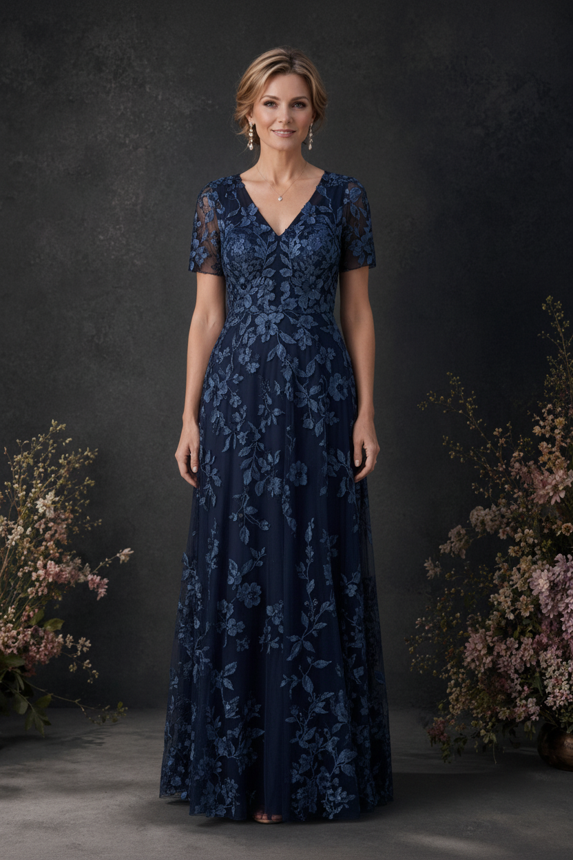 BOLODOO Navy 3D Floral Embroidered Lace V-Neck Short Sleeve A-Line Maxi Dress - front view