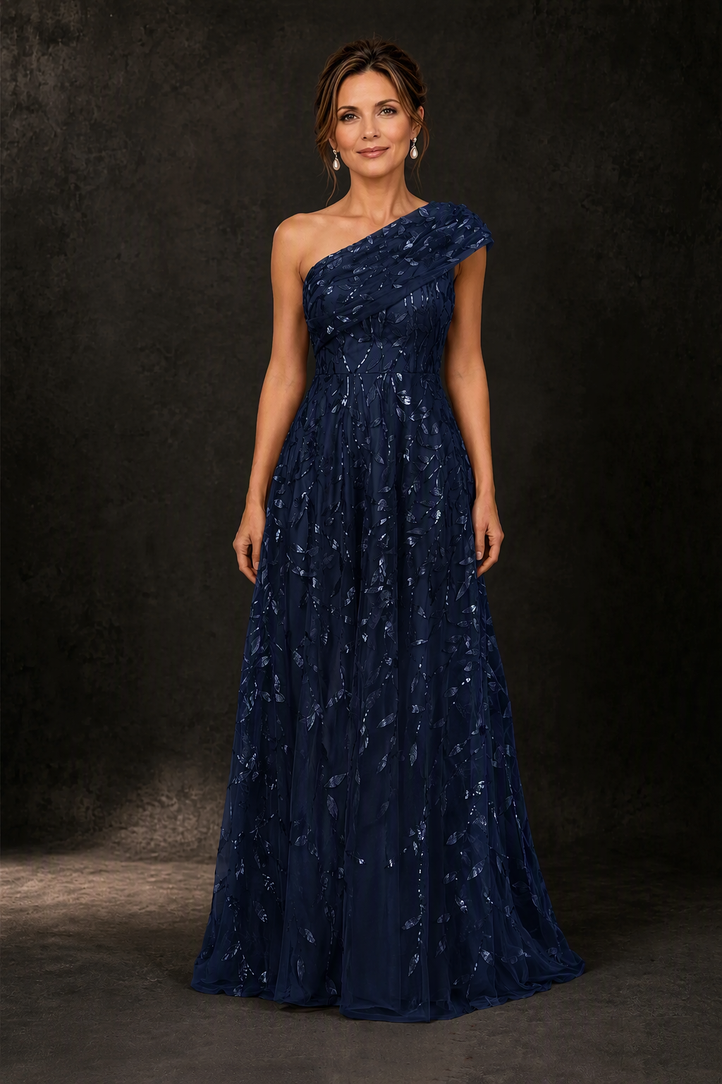 BOLODOO Navy Gold Leaf Sequin One-Shoulder A-Line Maxi Gown – Mother of the Bride & Formal Evening Dress - front view
