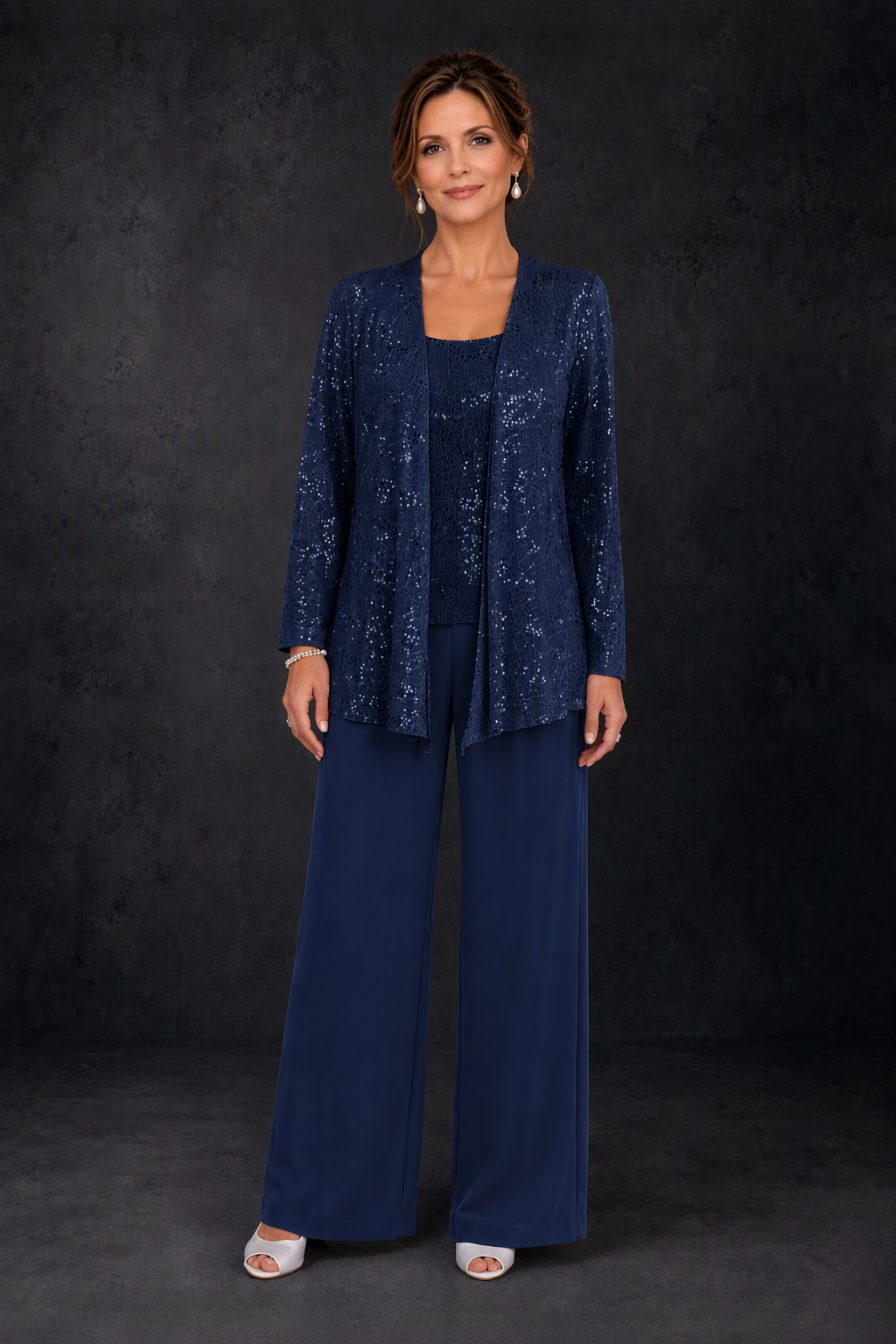 BOLODOO Navy Sequin Lace 3-Piece Pant Suit with Long Sleeve Jacket - front view