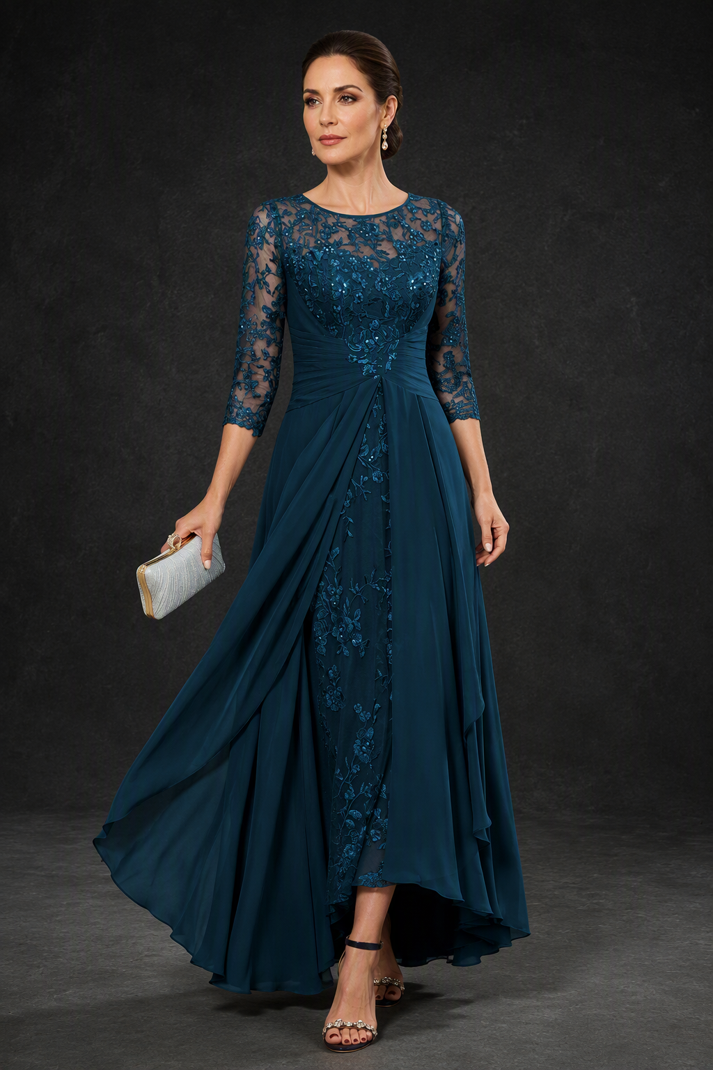 BOLODOO Navy Sequin Lace & Chiffon Tea-Length Mother of the Bride Dress with 3/4 Sleeves - front view