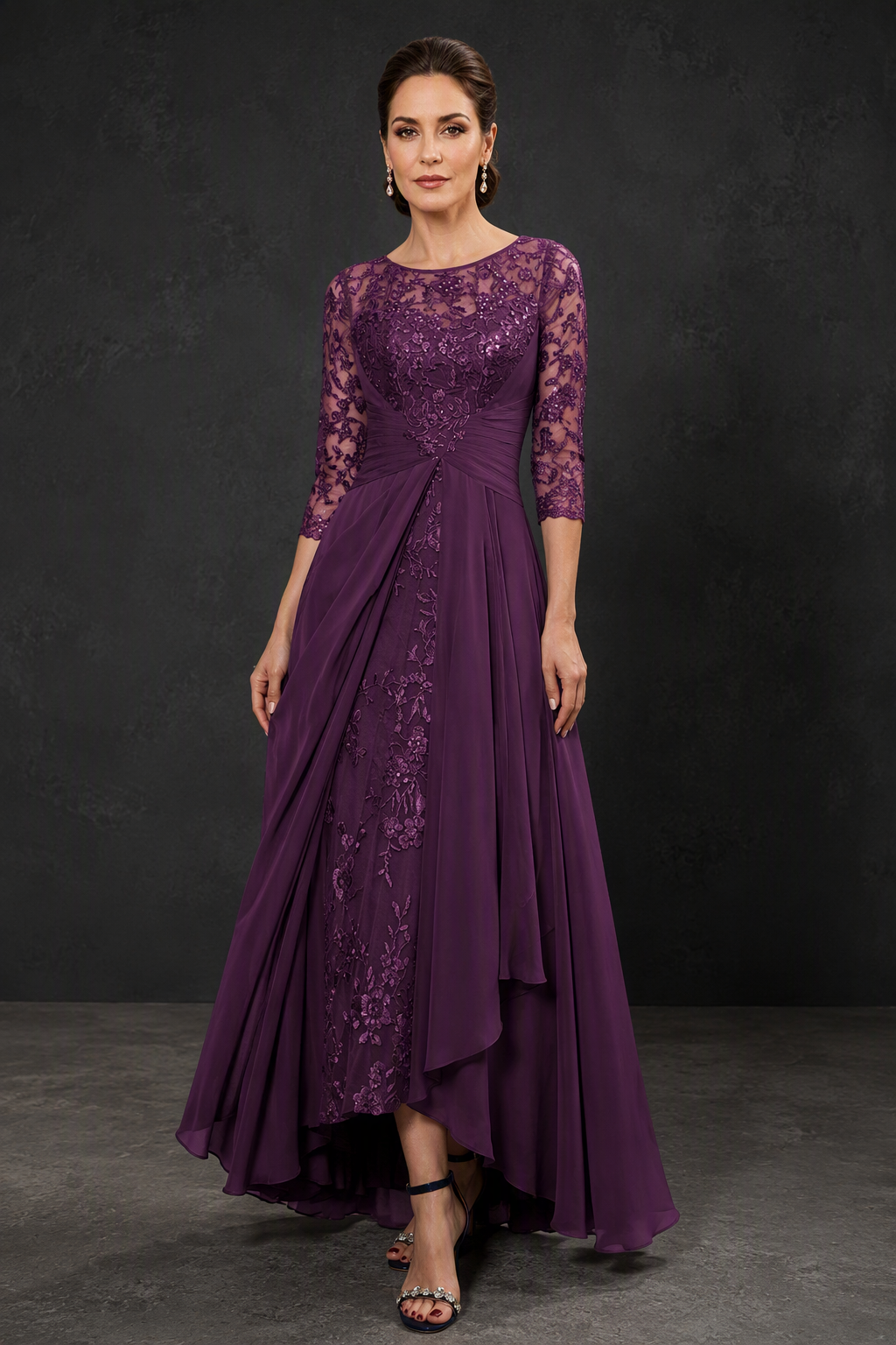 BOLODOO Purple Sequin Lace & Chiffon Tea-Length Mother of the Bride Dress with 3/4 Sleeves - front view