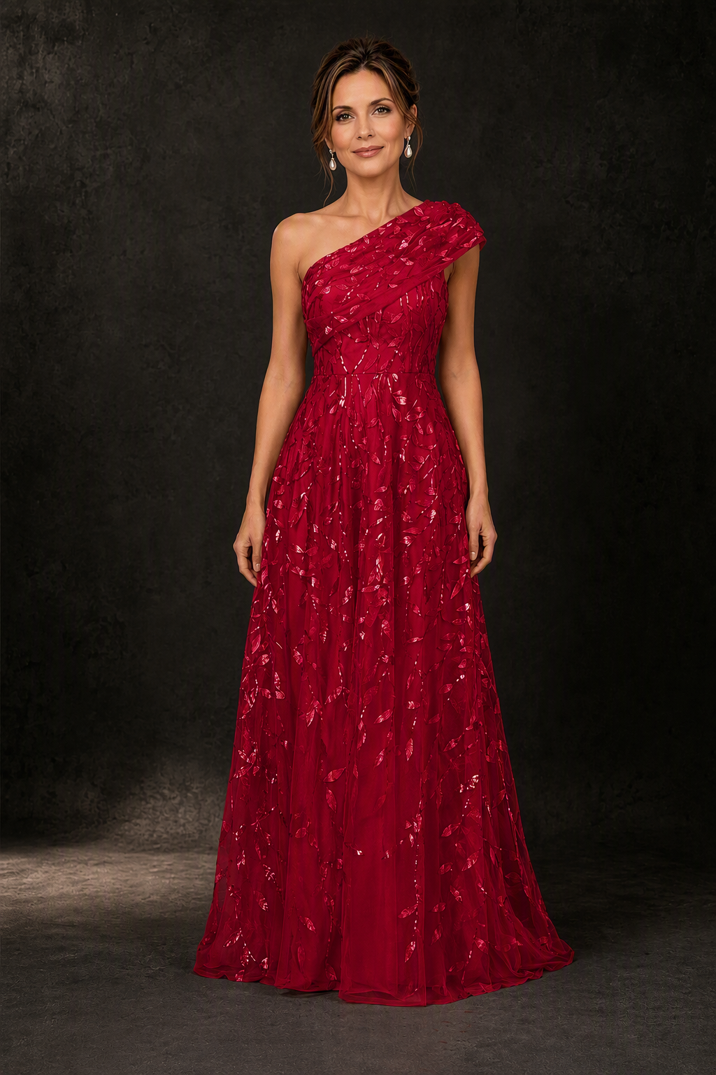BOLODOO Red Gold Leaf Sequin One-Shoulder A-Line Maxi Gown – Mother of the Bride & Formal Evening Dress - front view