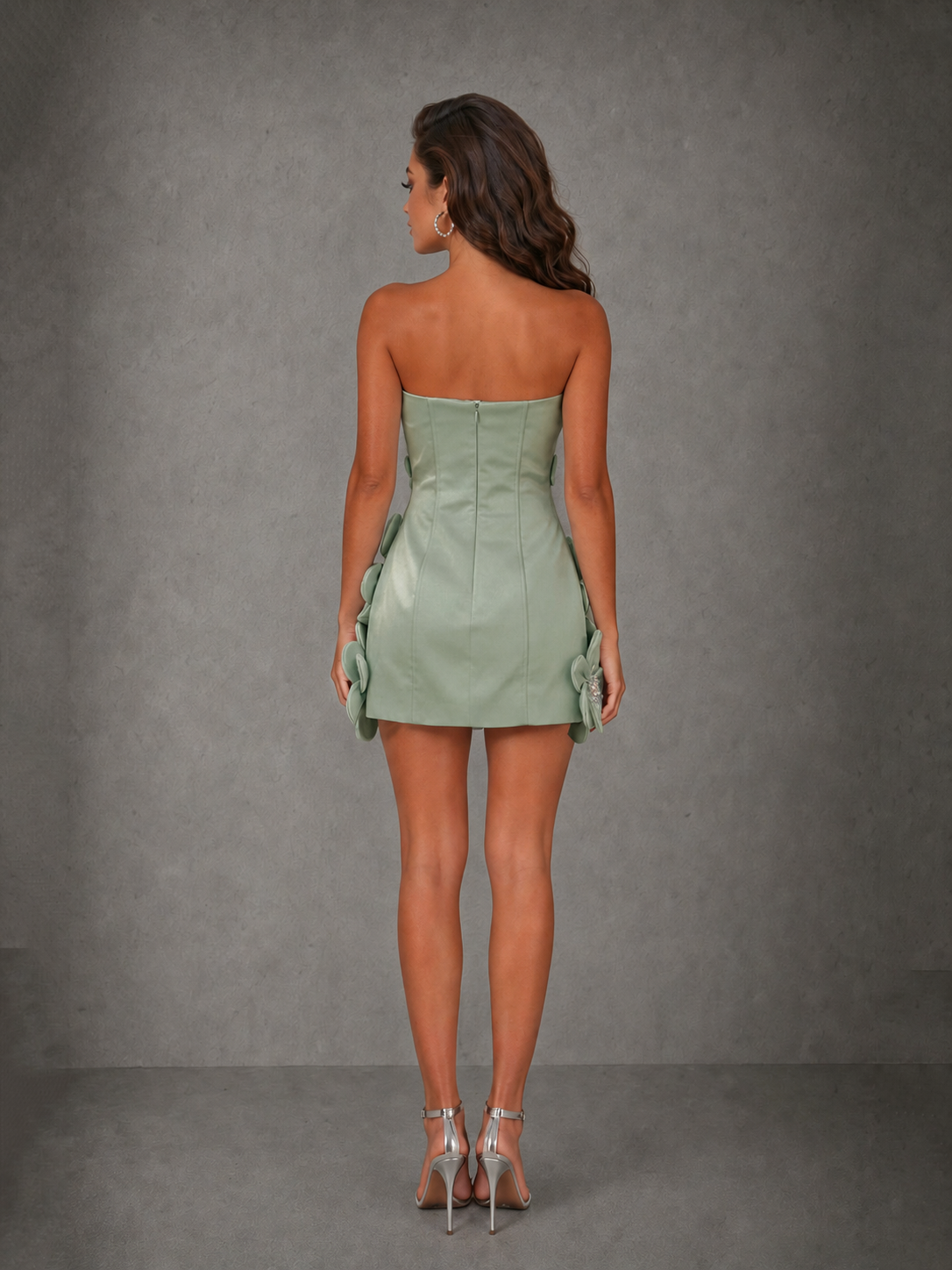 BOLODOO Sage Green 3D Floral Strapless Mini Dress with Crystal Embellishments - view 2