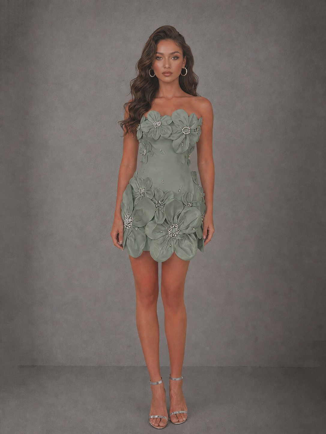 BOLODOO Sage Green 3D Floral Strapless Mini Dress with Crystal Embellishments - view 3