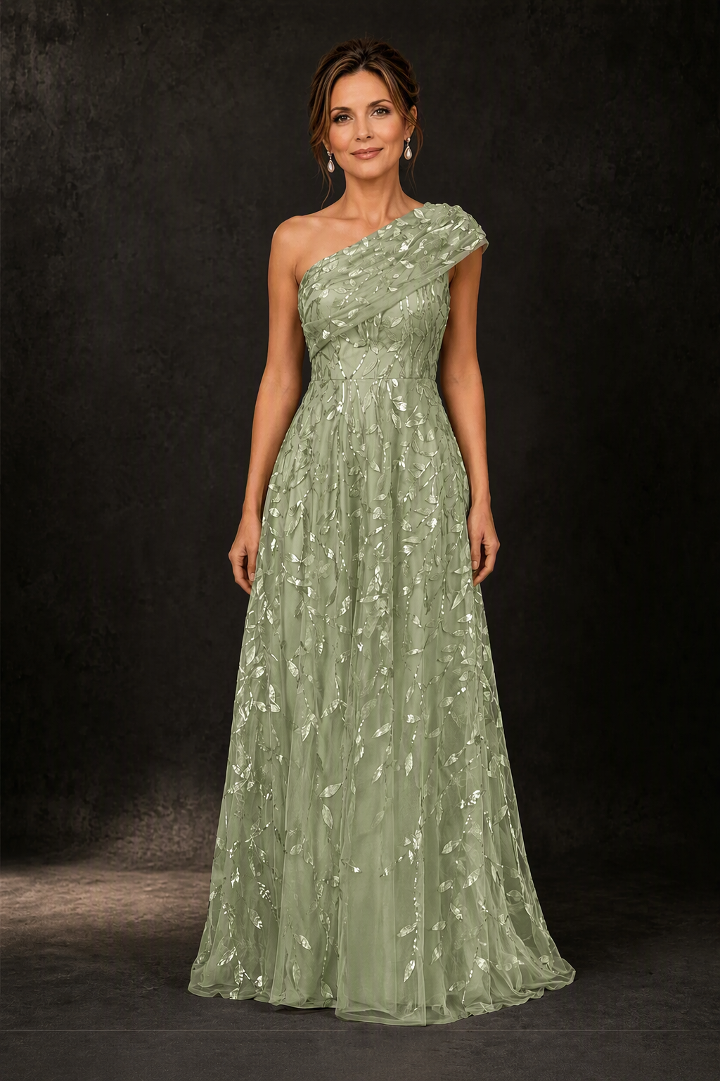 BOLODOO Sage Green Gold Leaf Sequin One-Shoulder A-Line Maxi Gown – Mother of the Bride & Formal Evening Dress - front view