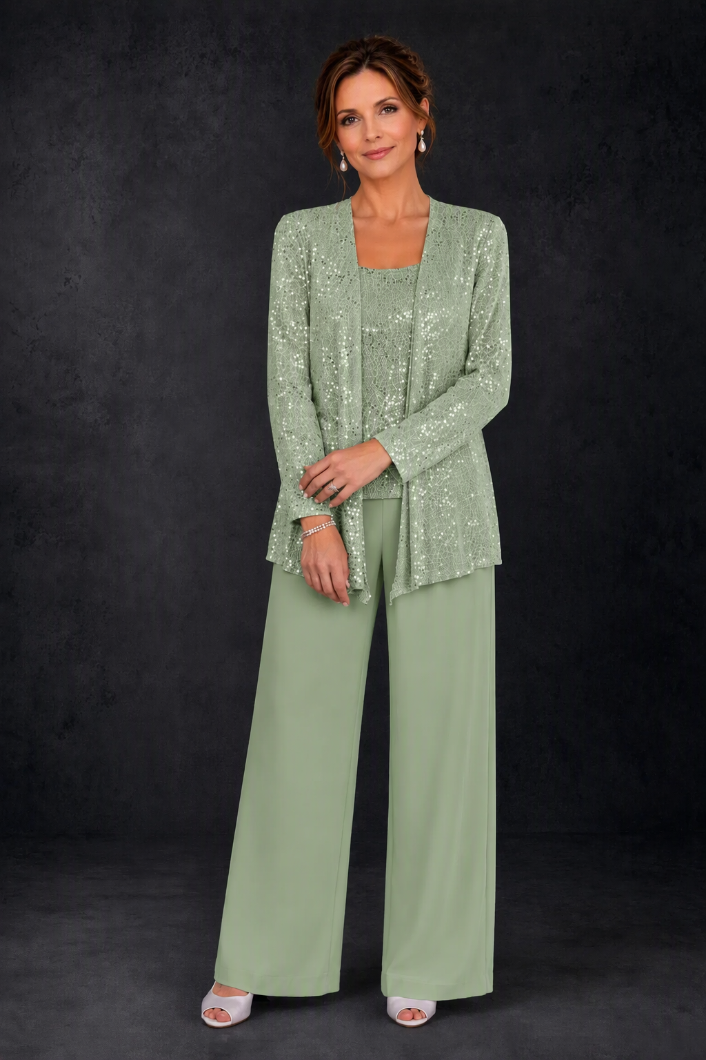 BOLODOO Sage Green Sequin Lace 3-Piece Pant Suit with Long Sleeve Jacket - front view