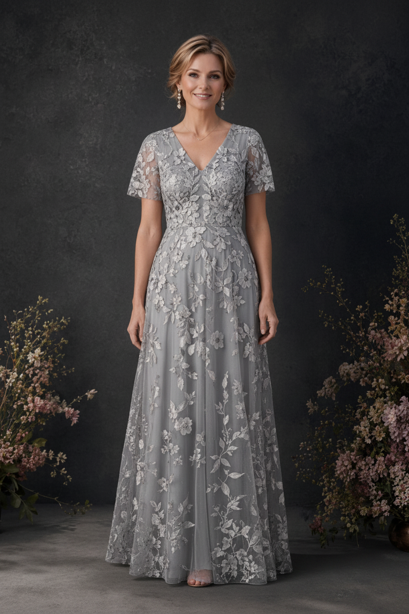 BOLODOO Silver 3D Floral Embroidered Lace V-Neck Short Sleeve A-Line Maxi Dress - front view
