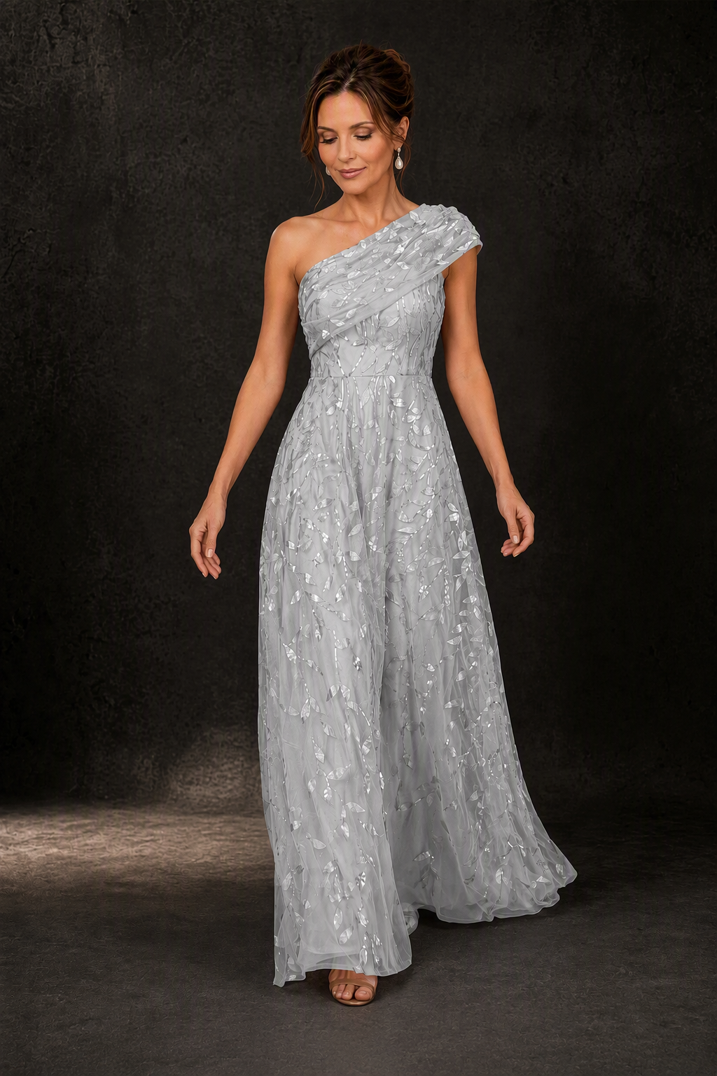BOLODOO Silver Gold Leaf Sequin One-Shoulder A-Line Maxi Gown – Mother of the Bride & Formal Evening Dress - front view