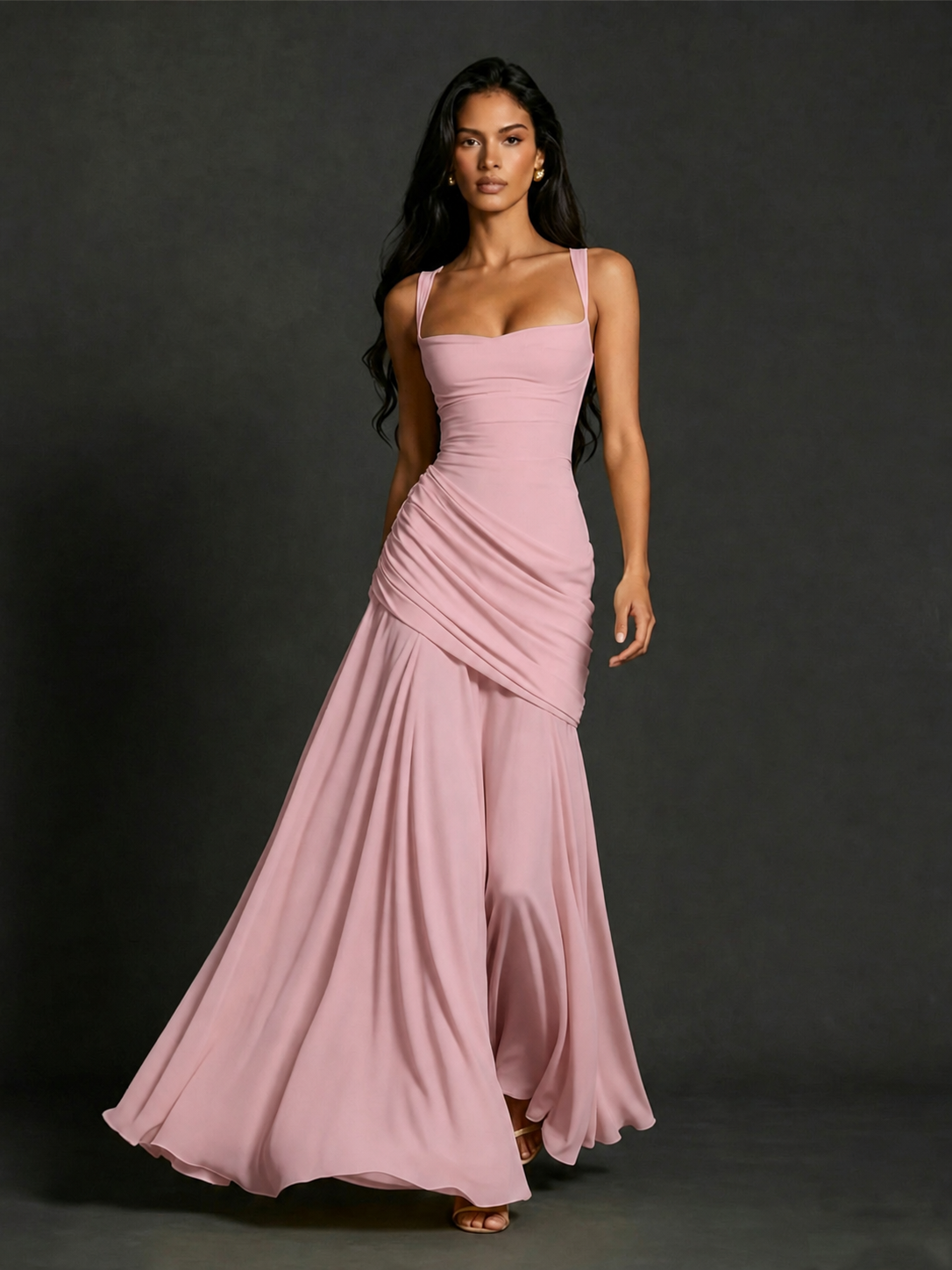 BOLODOO Square Neck Ruched A-Line Maxi Dress - Blush Pink Backless Evening Gown - view 1