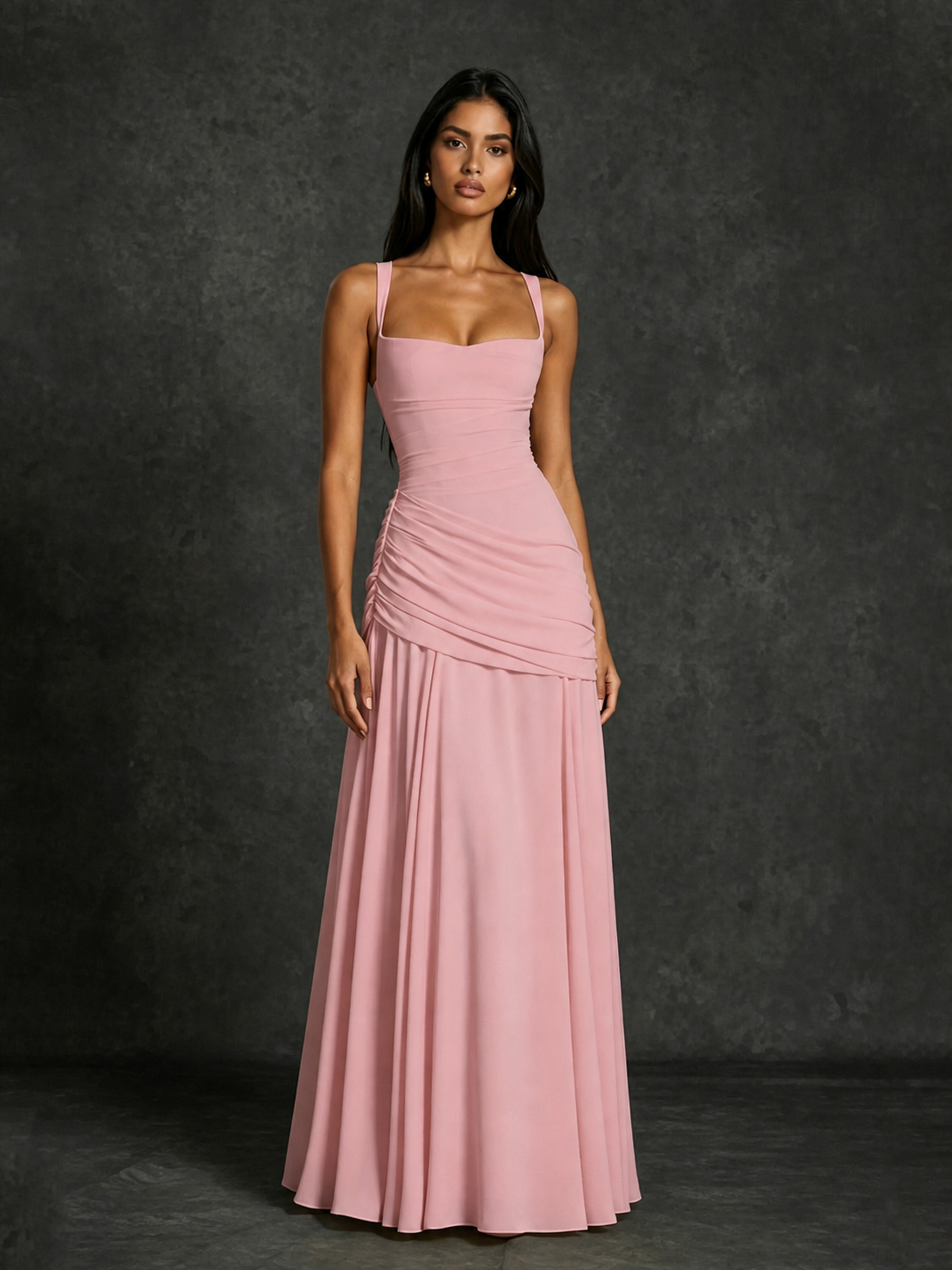 BOLODOO Square Neck Ruched A-Line Maxi Dress - Blush Pink Backless Evening Gown - view 4
