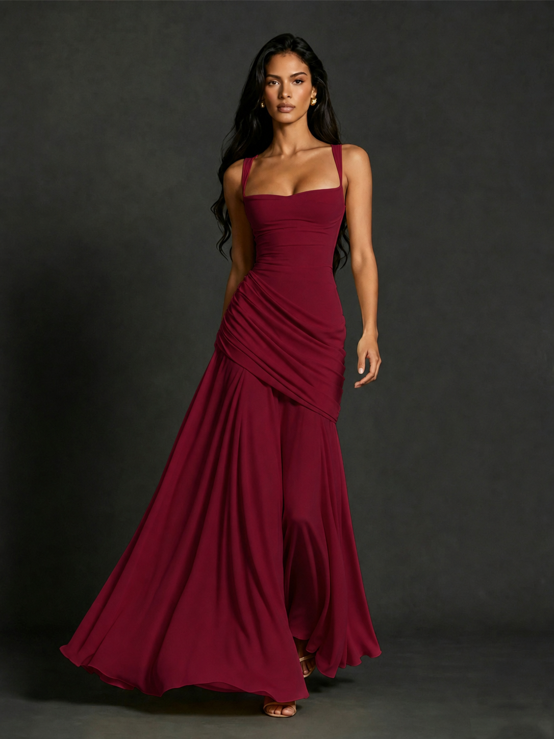 BOLODOO Square Neck Ruched A-Line Maxi Dress - Burgundy Backless Evening Gown - view 1