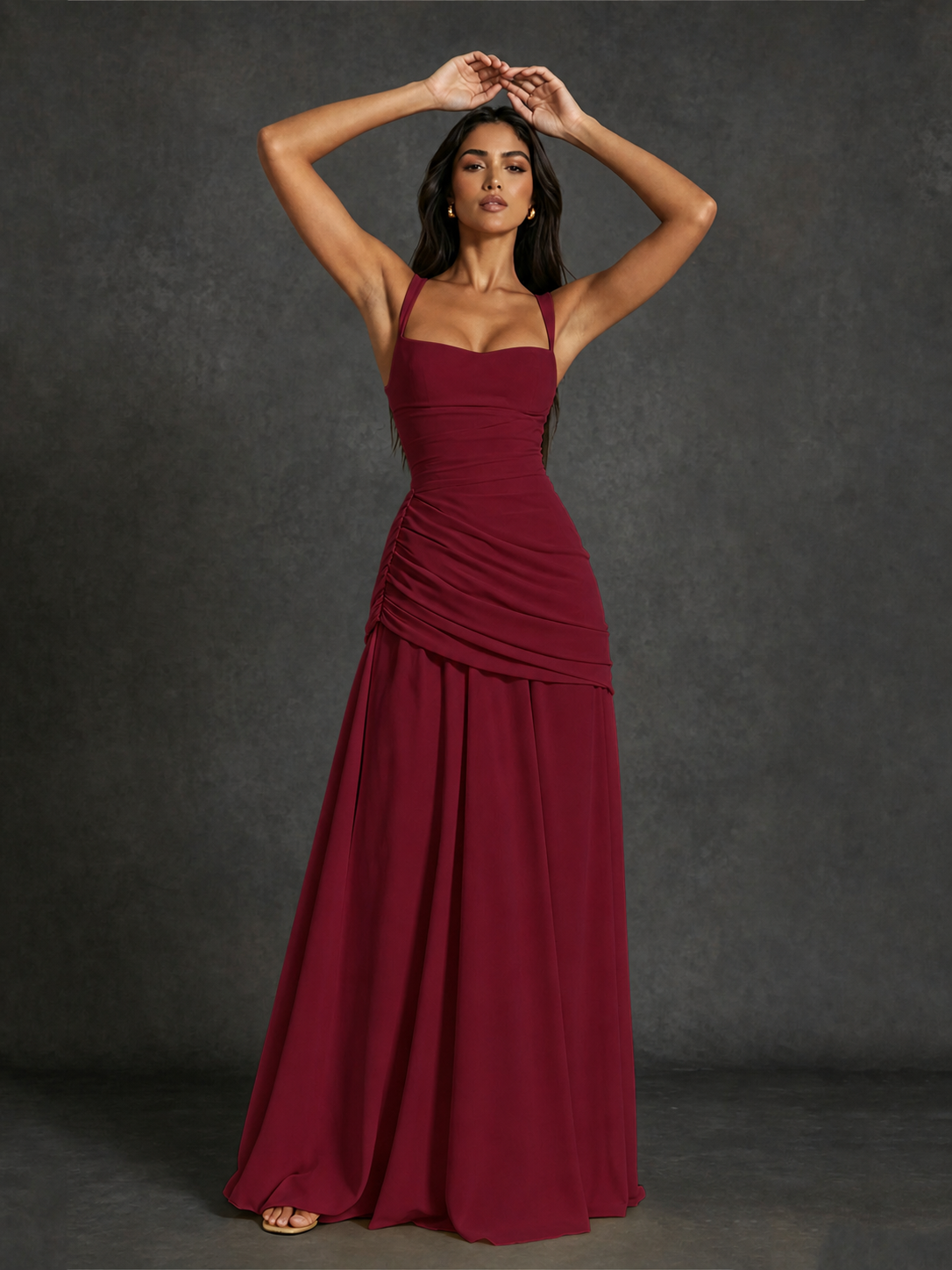 BOLODOO Square Neck Ruched A-Line Maxi Dress - Burgundy Backless Evening Gown - view 3