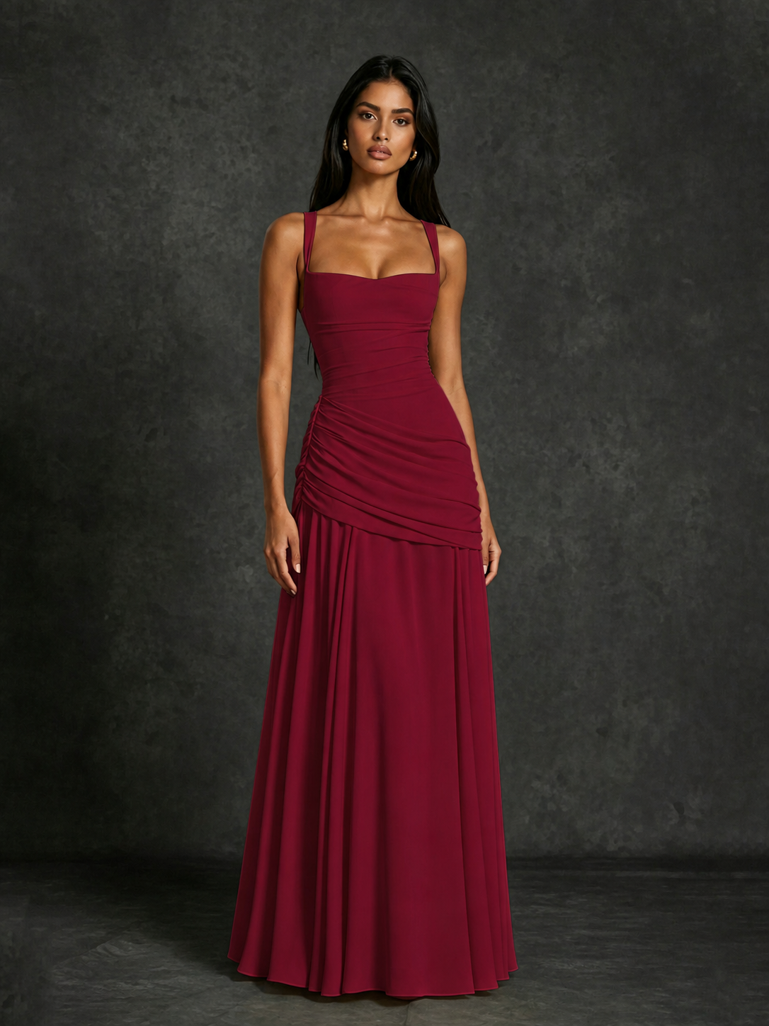 BOLODOO Square Neck Ruched A-Line Maxi Dress - Burgundy Backless Evening Gown - view 4