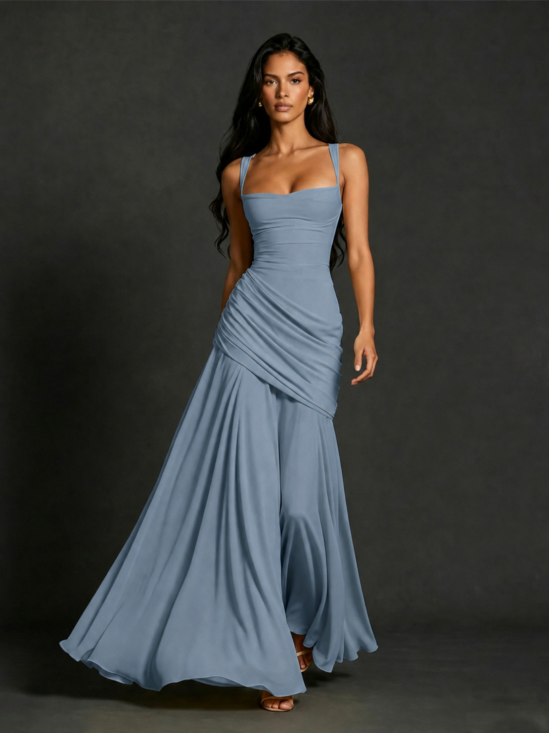 BOLODOO Square Neck Ruched A-Line Maxi Dress - Dusty Blue Backless Evening Gown - view 1