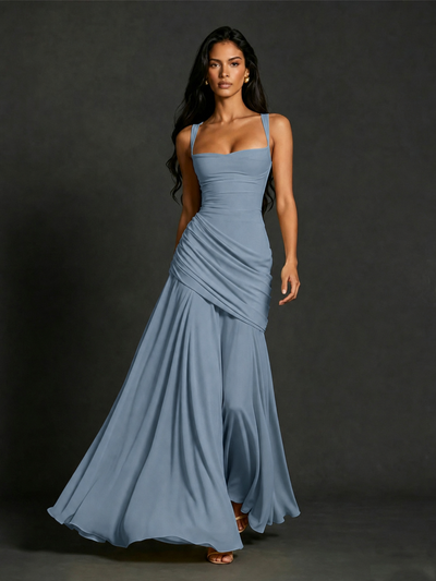 BOLODOO Square Neck Ruched A-Line Maxi Dress - Dusty Blue Backless Evening Gown - view 1