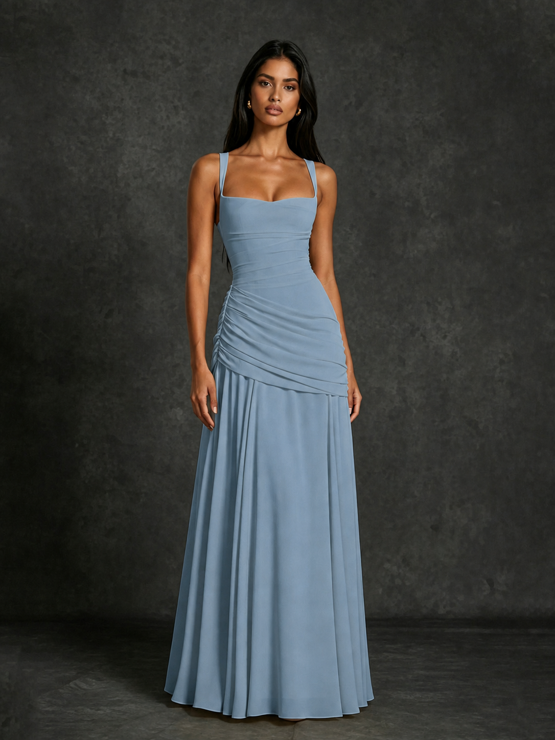 BOLODOO Square Neck Ruched A-Line Maxi Dress - Dusty Blue Backless Evening Gown - view 4
