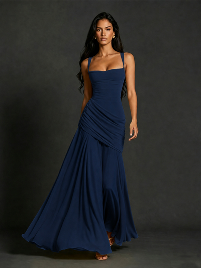 BOLODOO Square Neck Ruched A-Line Maxi Dress - Navy Blue Backless Evening Gown - view 1