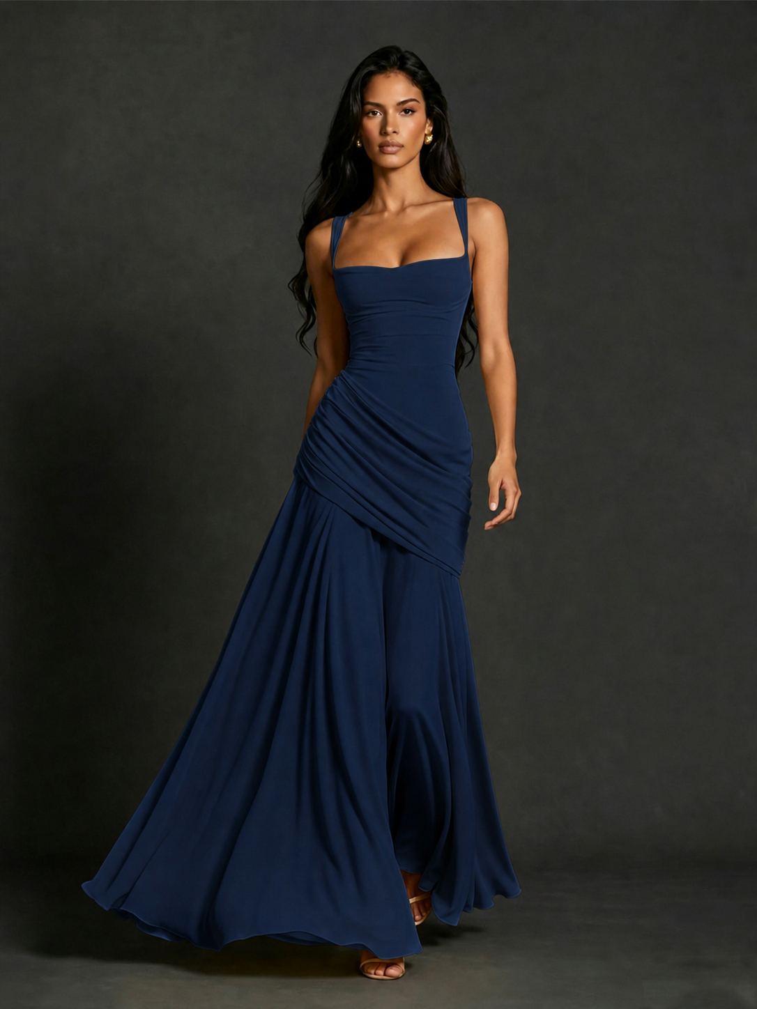 BOLODOO Square Neck Ruched A-Line Maxi Dress - Navy Blue Backless Evening Gown - view 1