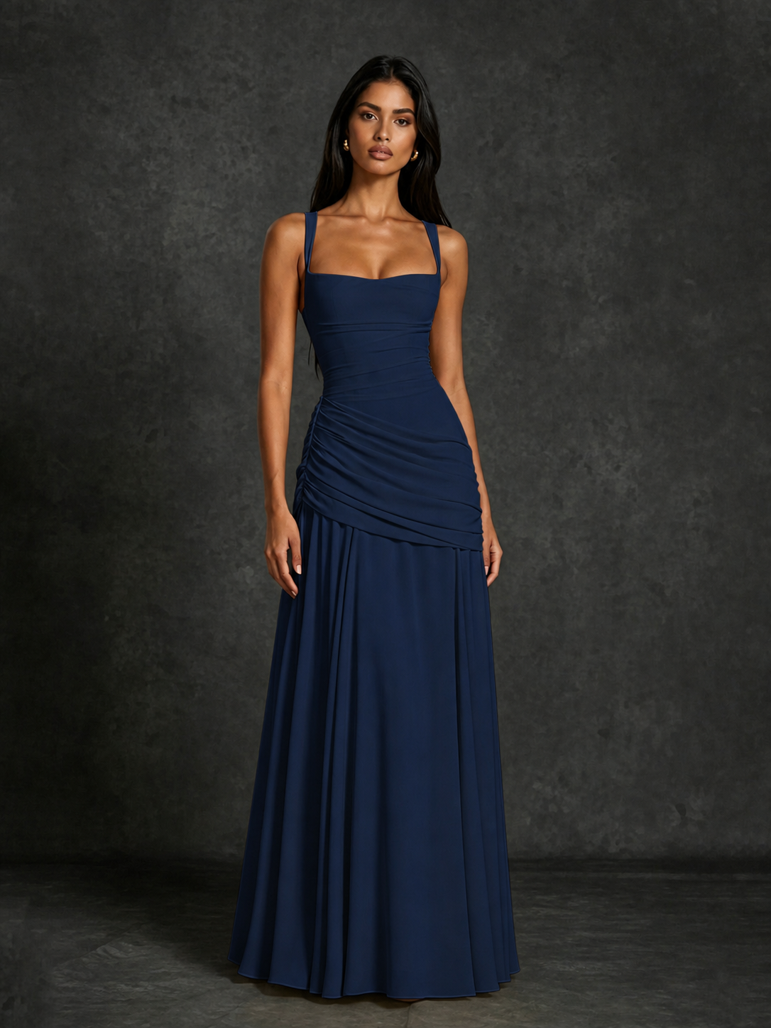 BOLODOO Square Neck Ruched A-Line Maxi Dress - Navy Blue Backless Evening Gown - view 4