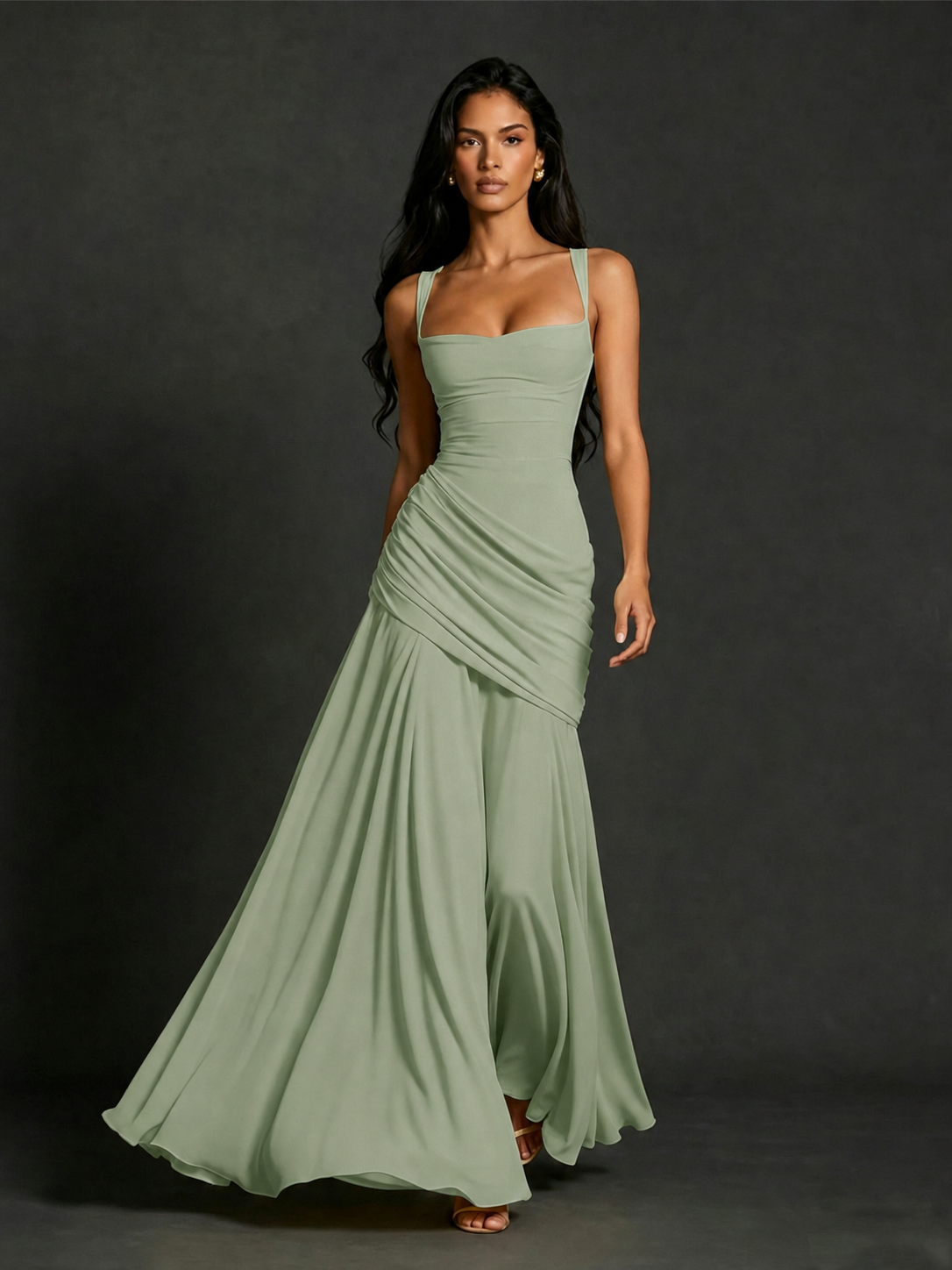 BOLODOO Square Neck Ruched A-Line Maxi Dress - Sage Green Backless Evening Gown - view 1