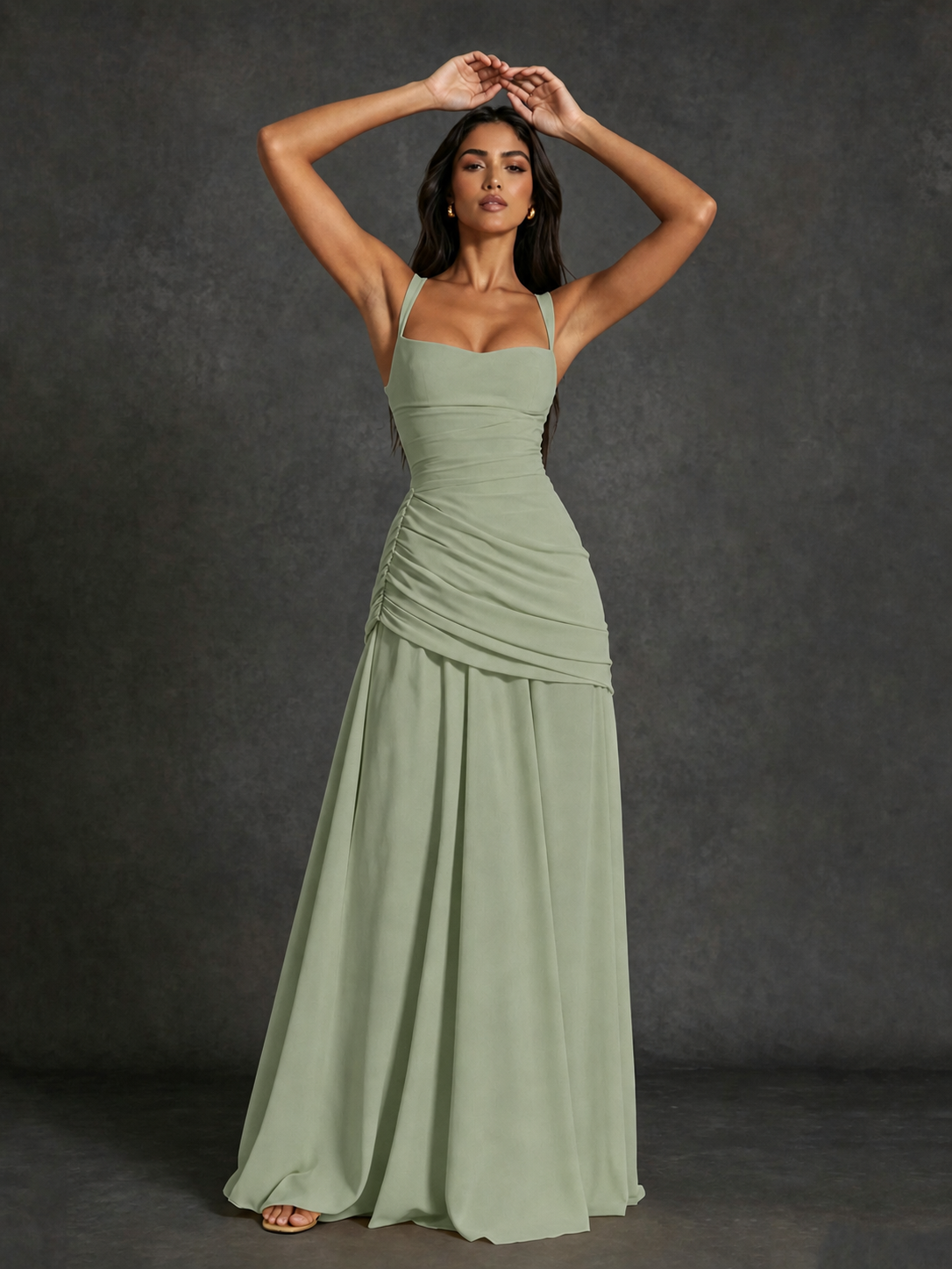 BOLODOO Square Neck Ruched A-Line Maxi Dress - Sage Green Backless Evening Gown - view 3
