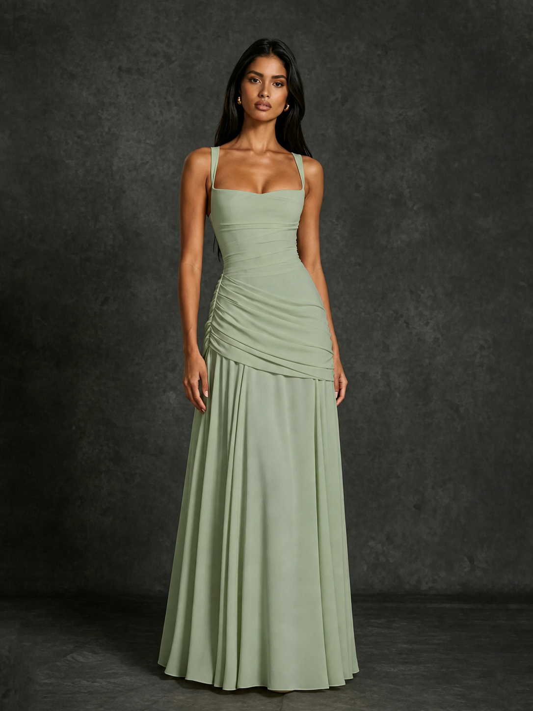 BOLODOO Square Neck Ruched A-Line Maxi Dress - Sage Green Backless Evening Gown - view 4