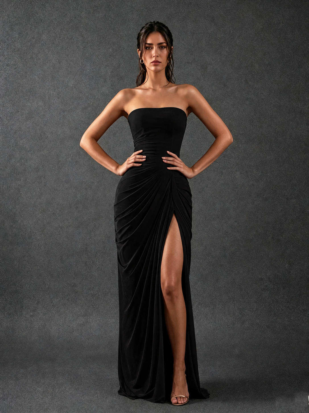 BOLODOO Strapless Draped Maxi Dress - Black Backless Evening Gown with High Slit - view 1