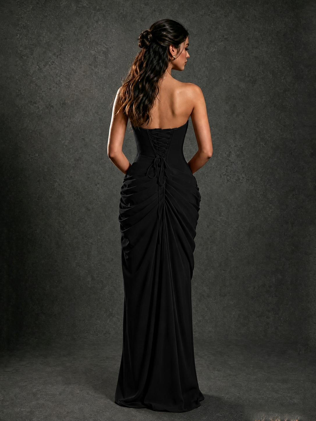 BOLODOO Strapless Draped Maxi Dress - Black Backless Evening Gown with High Slit - view 2