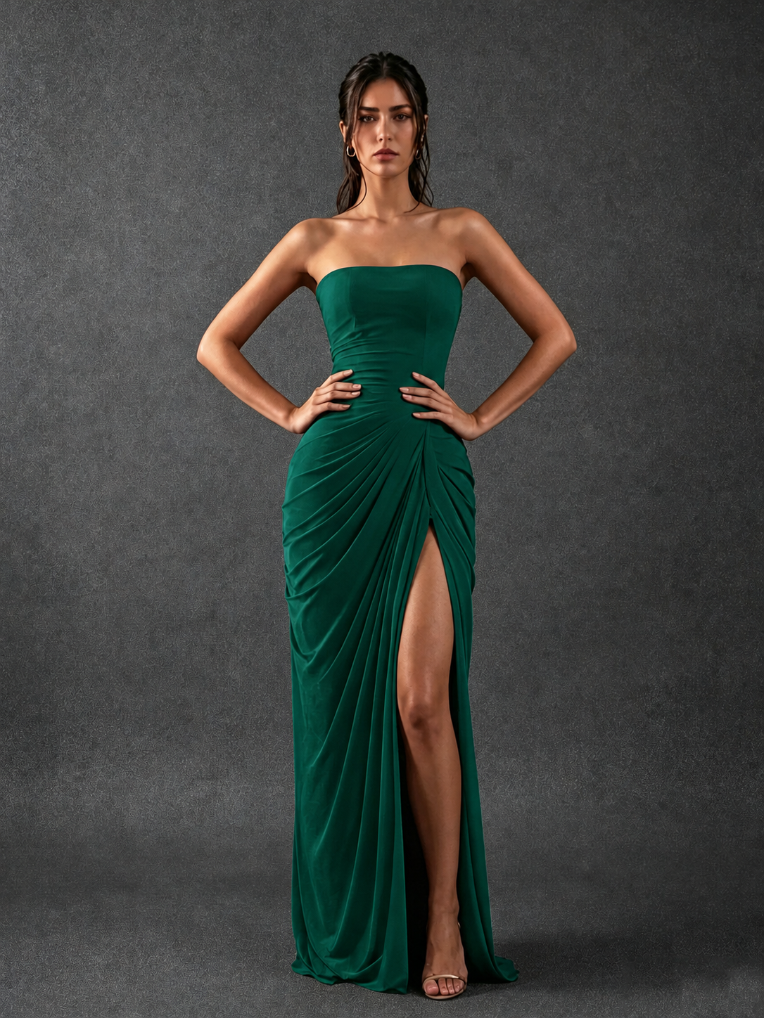 BOLODOO Strapless Draped Maxi Dress - Emerald Green Backless Evening Gown with High Slit - view 1