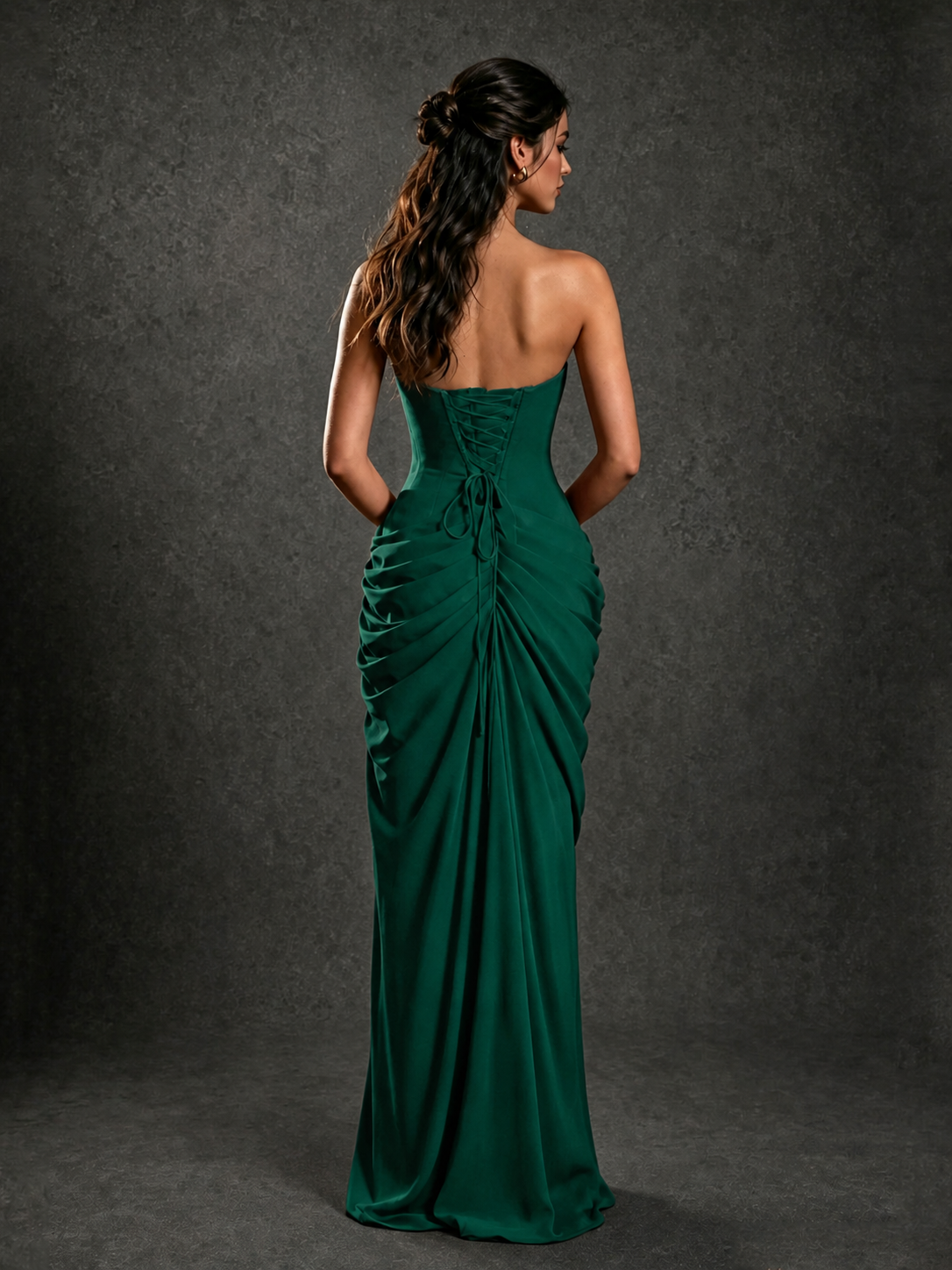 BOLODOO Strapless Draped Maxi Dress - Emerald Green Backless Evening Gown with High Slit - view 2