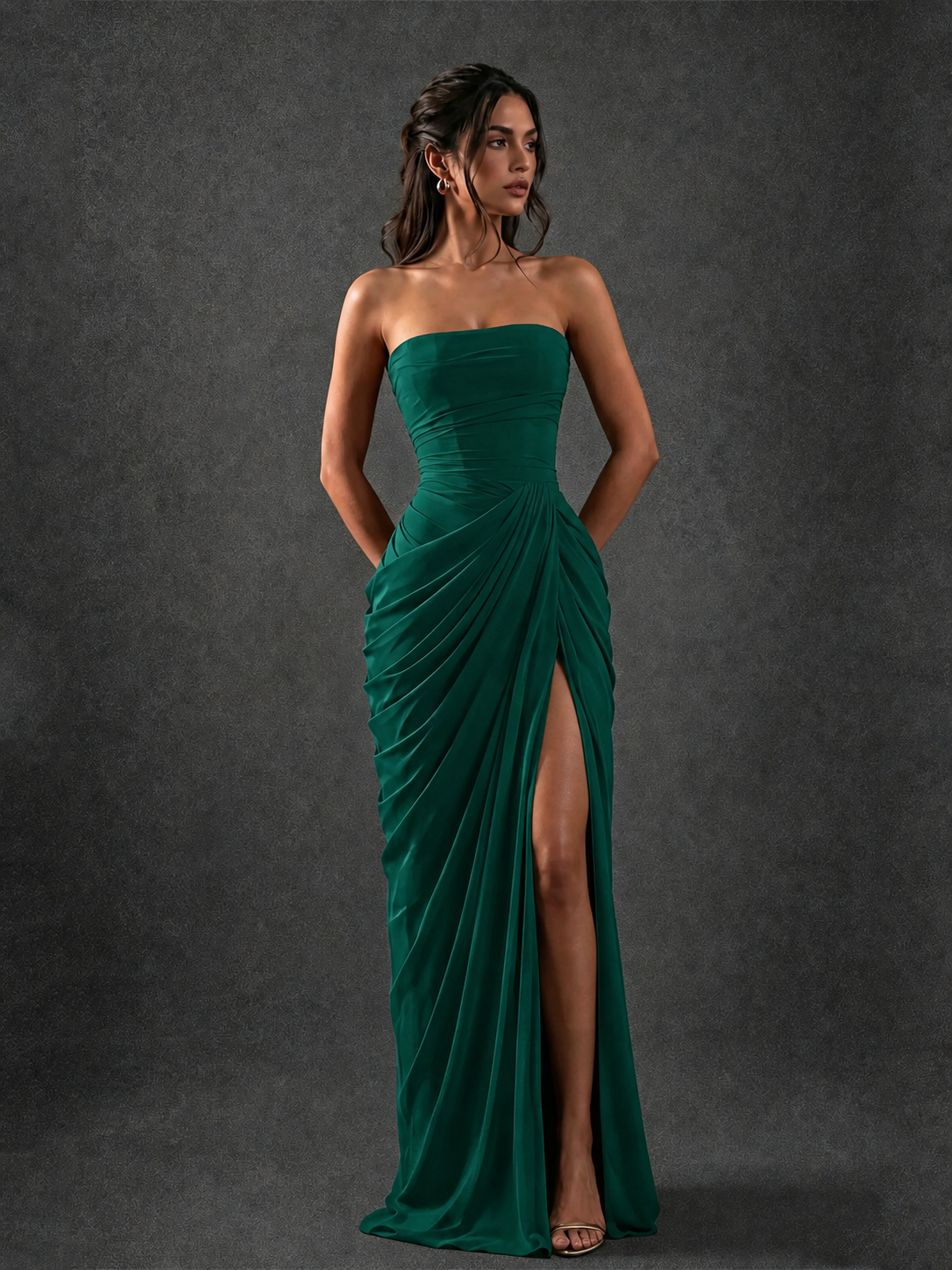 BOLODOO Strapless Draped Maxi Dress - Emerald Green Backless Evening Gown with High Slit - view 3