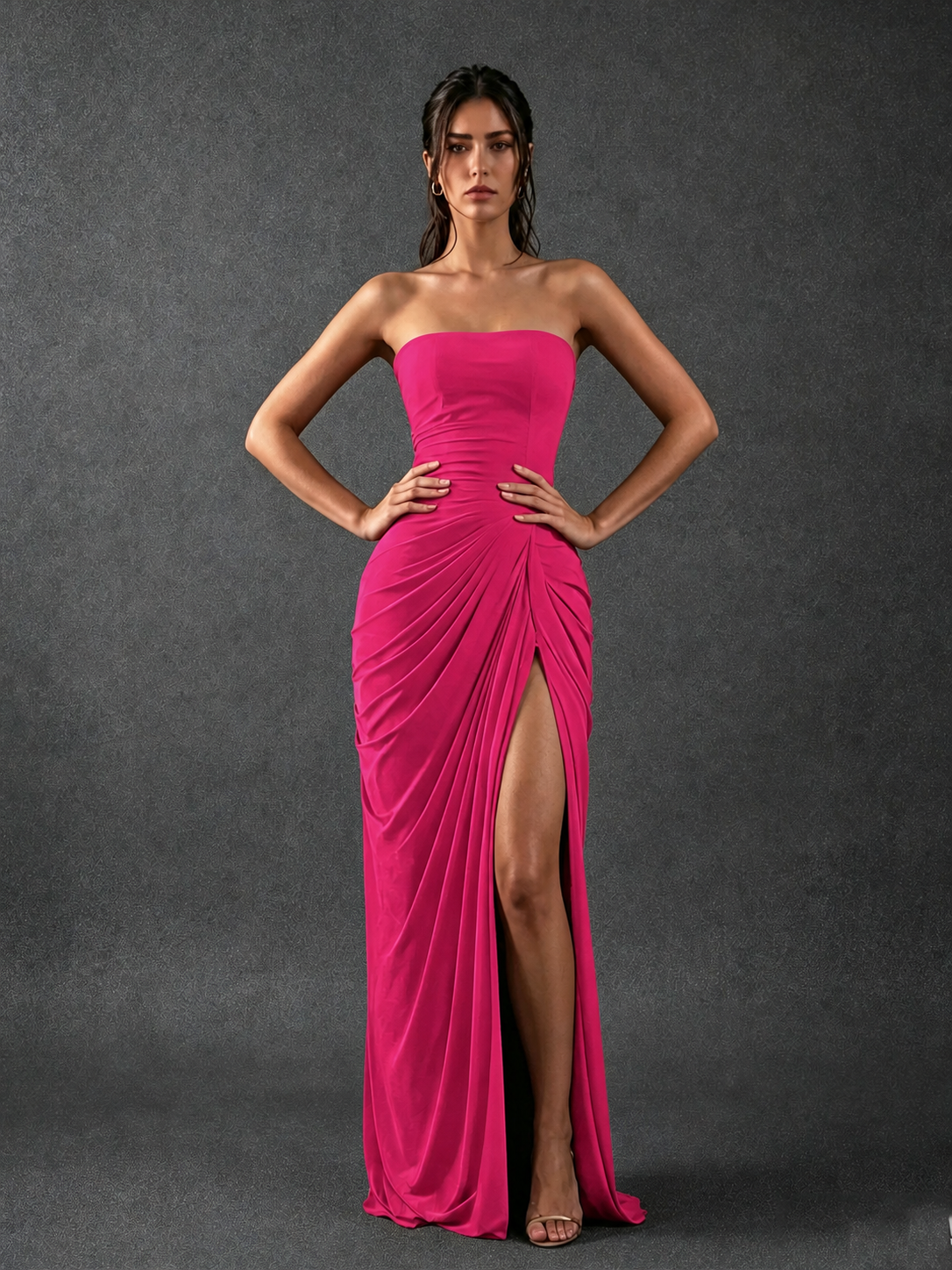 BOLODOO Strapless Draped Maxi Dress - Hot Pink Backless Evening Gown with High Slit - view 1