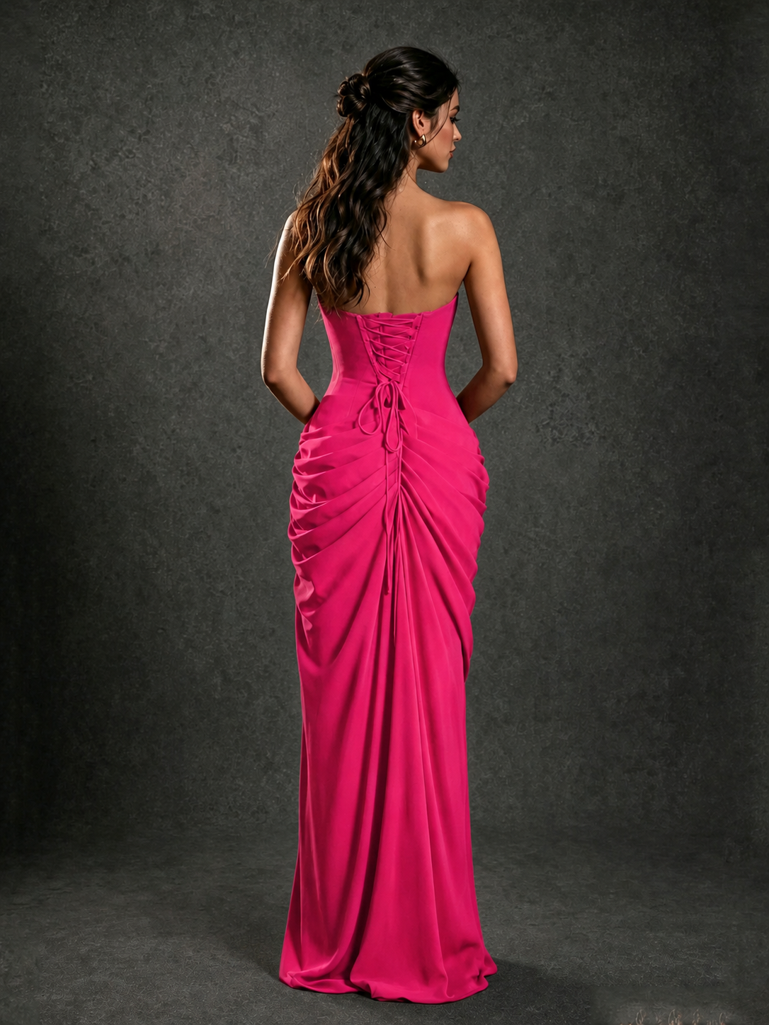 BOLODOO Strapless Draped Maxi Dress - Hot Pink Backless Evening Gown with High Slit - view 2