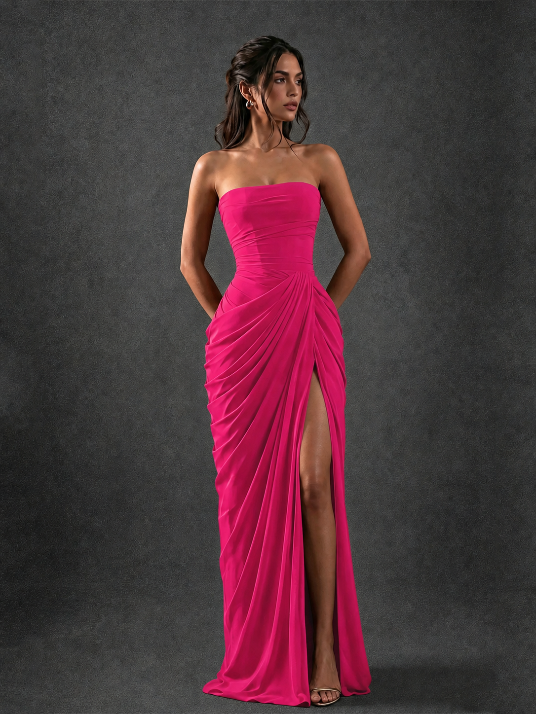 BOLODOO Strapless Draped Maxi Dress - Hot Pink Backless Evening Gown with High Slit - view 4
