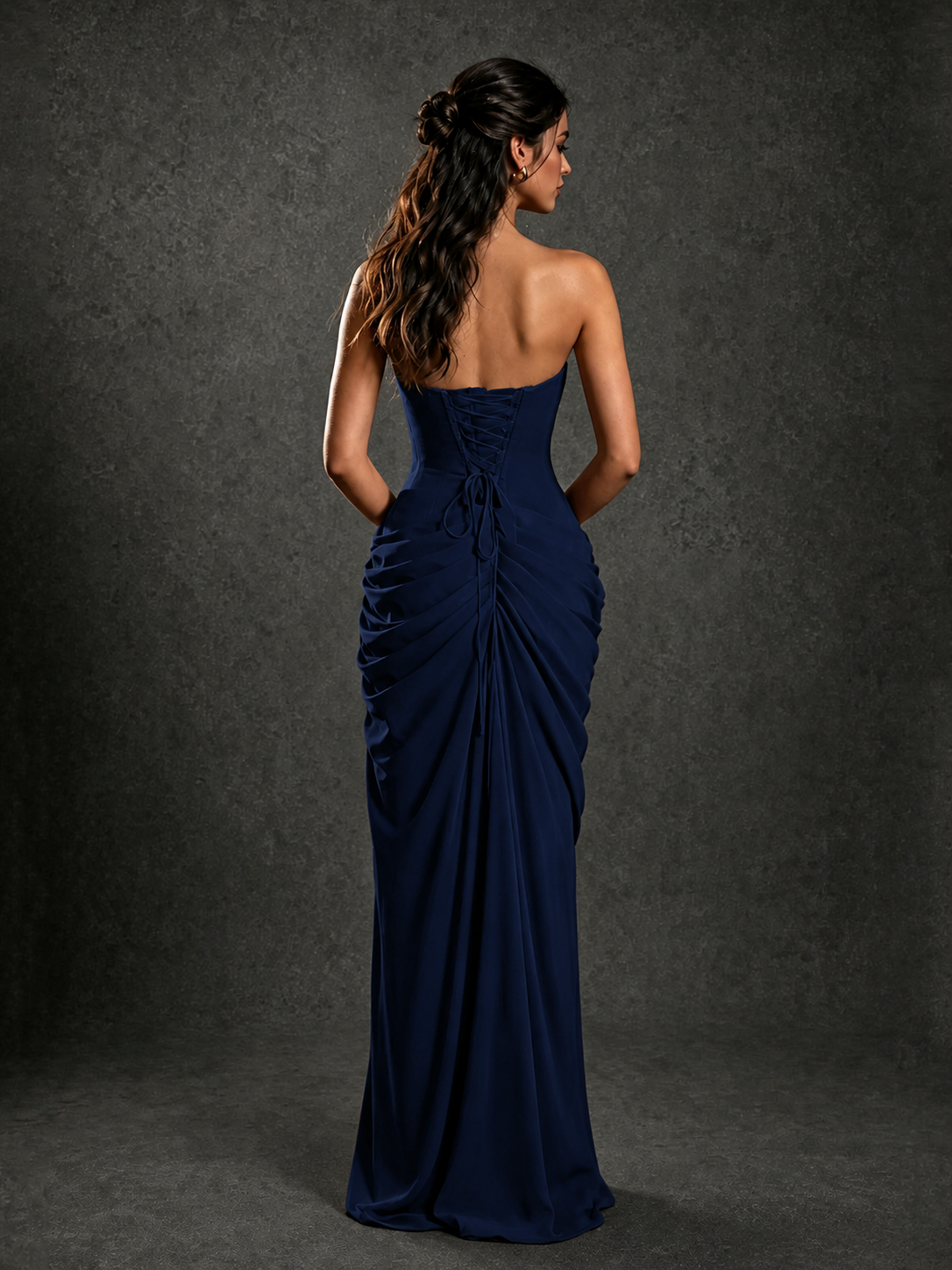 BOLODOO Strapless Draped Maxi Dress - Navy Blue Backless Evening Gown with High Slit - view 2