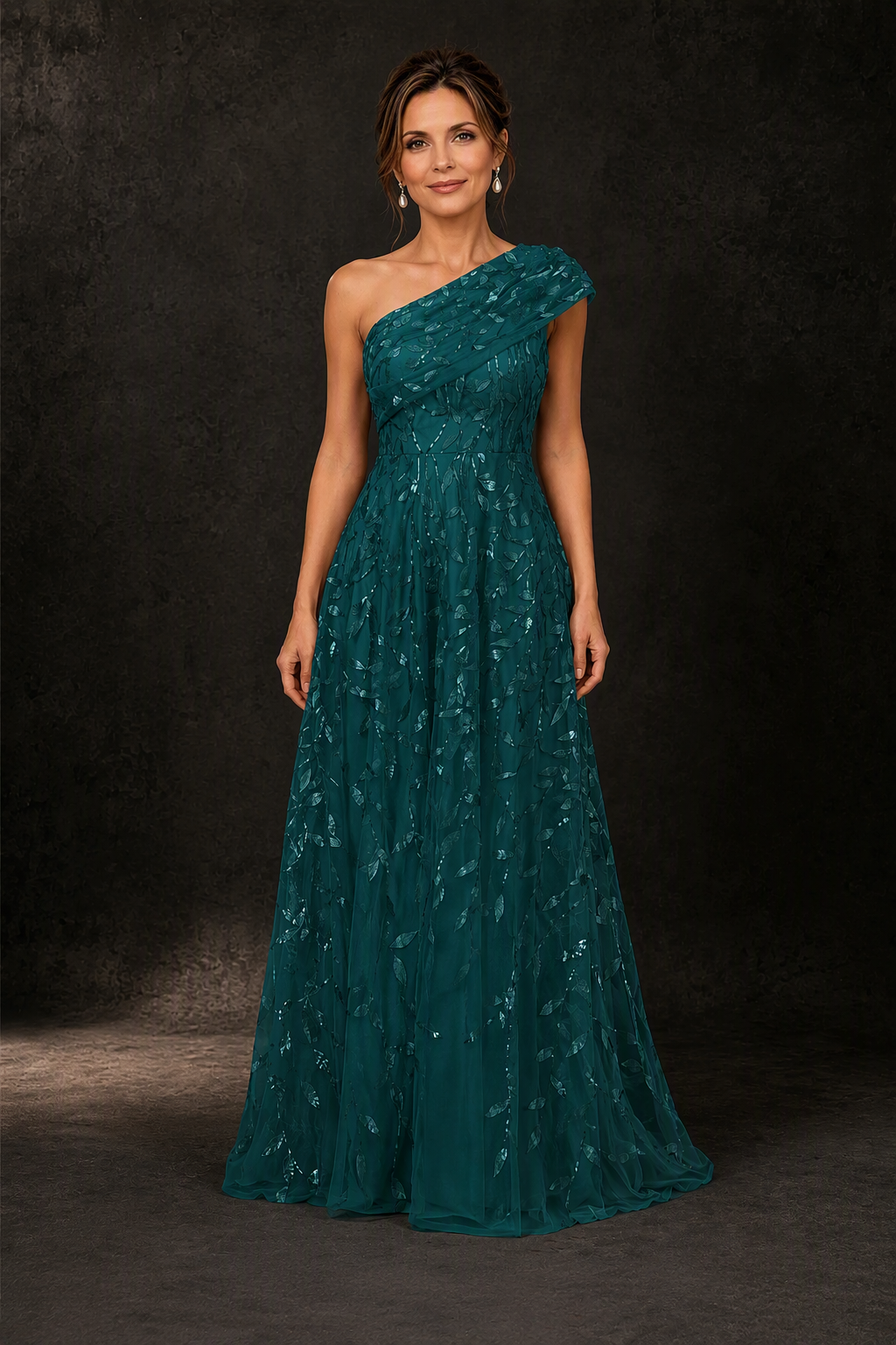 BOLODOO Teal Gold Leaf Sequin One-Shoulder A-Line Maxi Gown – Mother of the Bride & Formal Evening Dress - front view