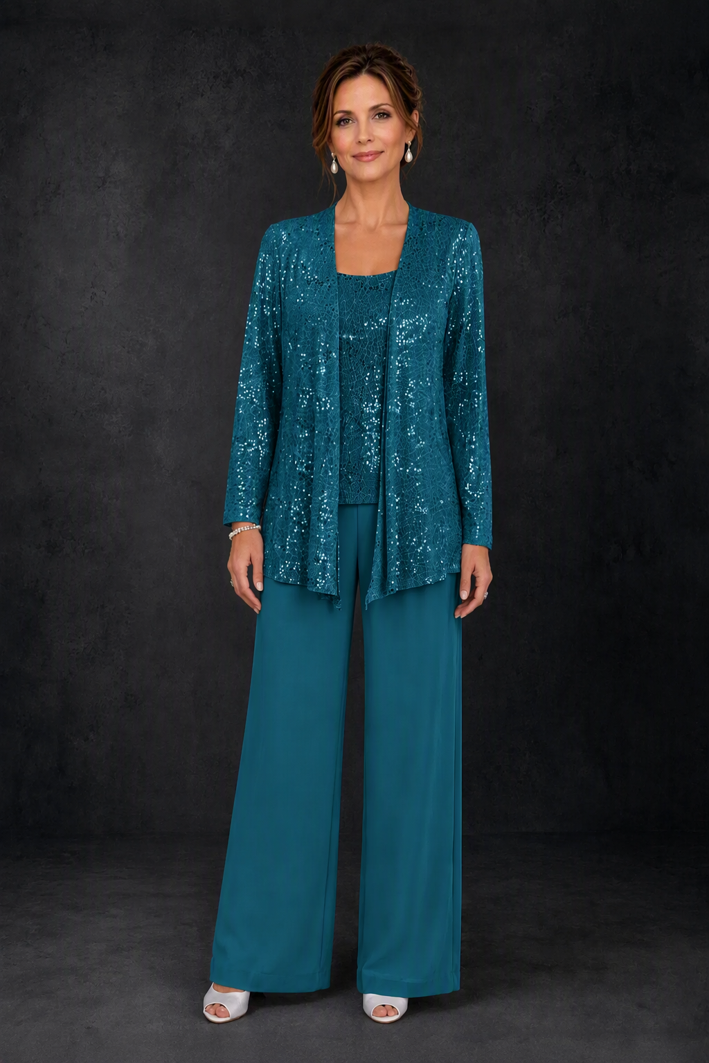 BOLODOO Teal Sequin Lace 3-Piece Pant Suit with Long Sleeve Jacket - front view