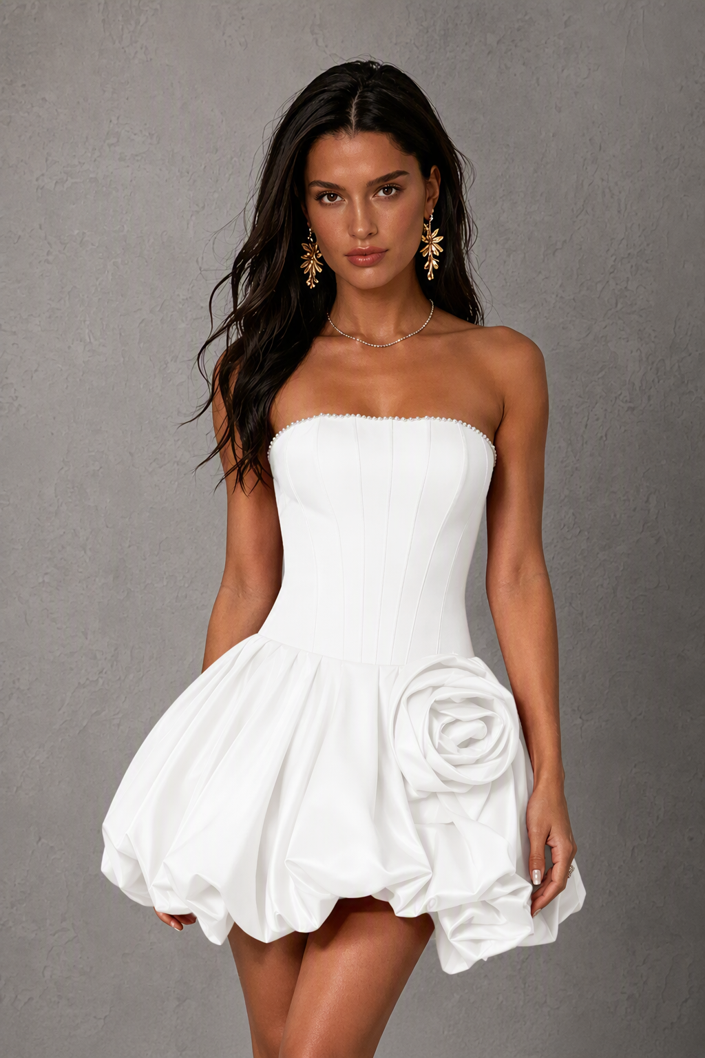 BOLODOO White Strapless Boned Corset Mini Dress with Pearl Trim, 3D Rose & Bubble Skirt - front view