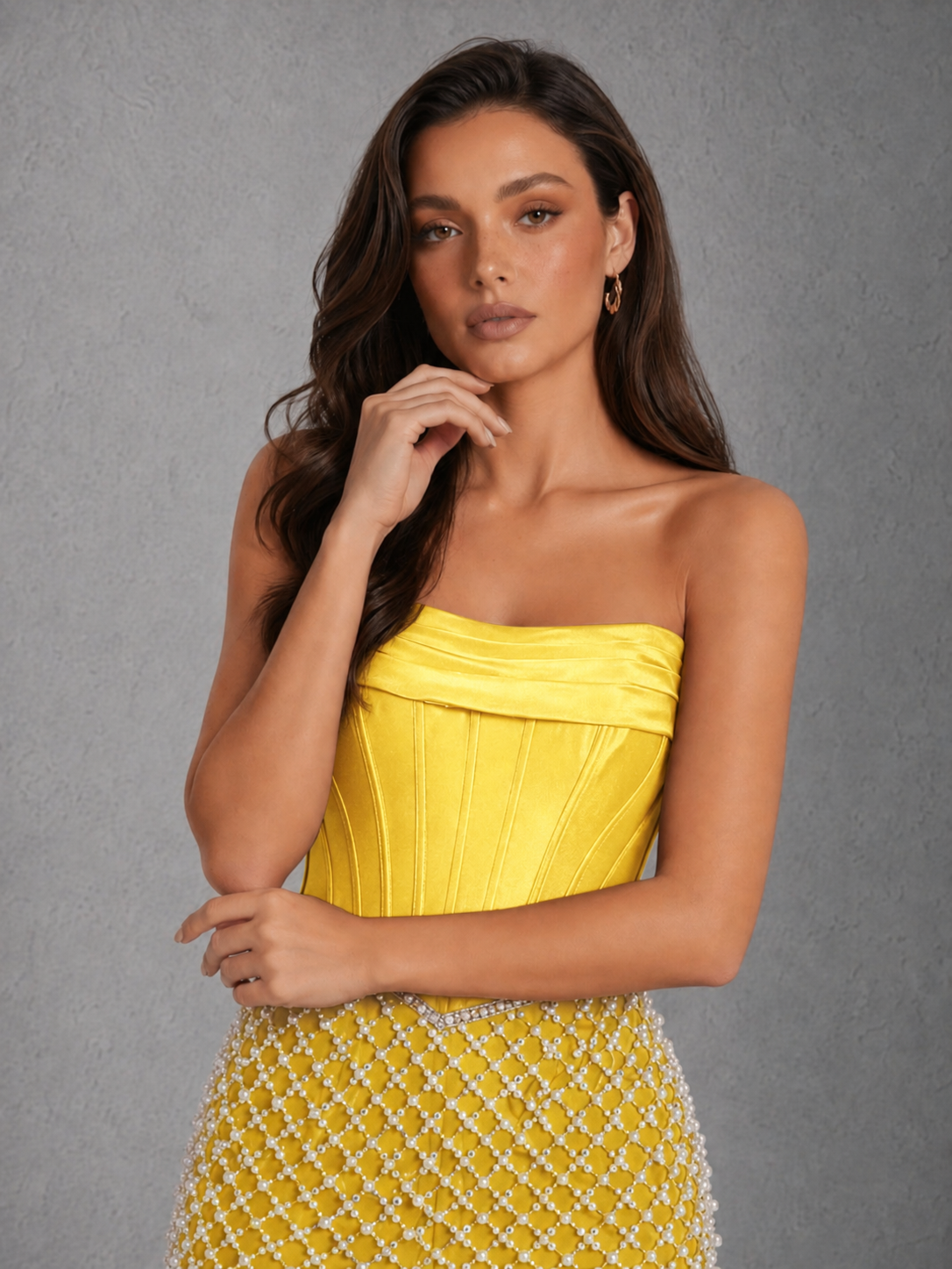 BOLODOO Yellow Strapless Boned Satin Corset Mini Dress with Silver Geometric Pearl Beaded Skirt and Lace-Up Open Back - view 3