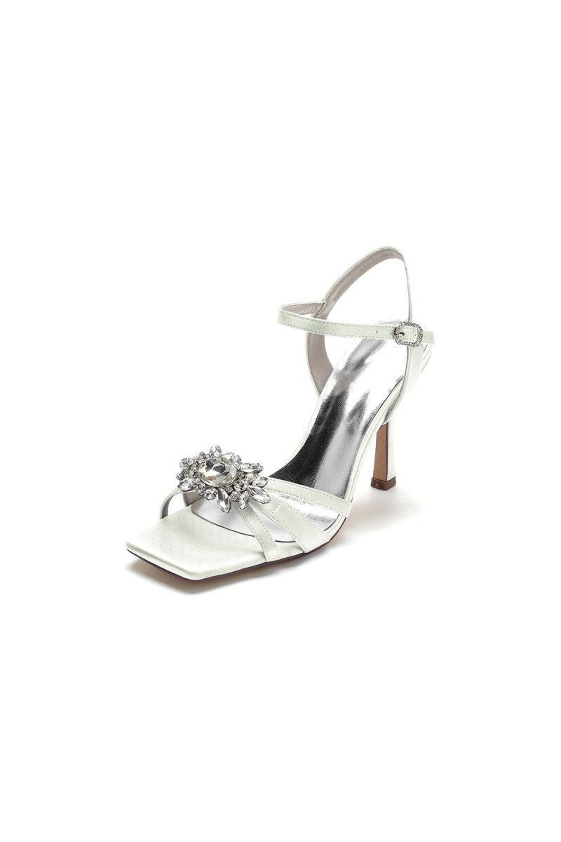 Buckle Strap Crystal Flowers Square Open Toe Chunky Heels - BOLODOO