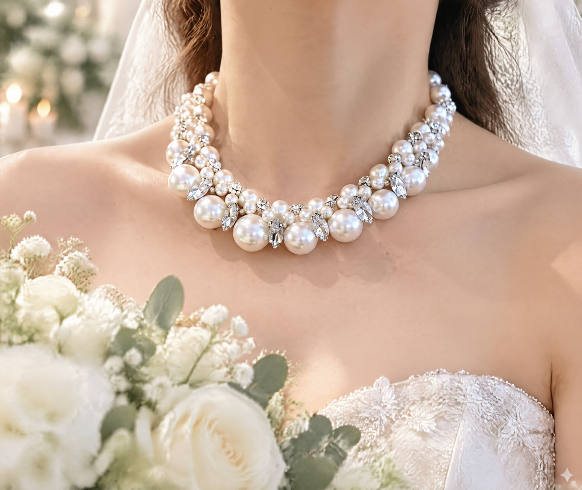 BOLODOO EE0007 clustered ivory pearl-look wedding necklace worn with a strapless bridal dress