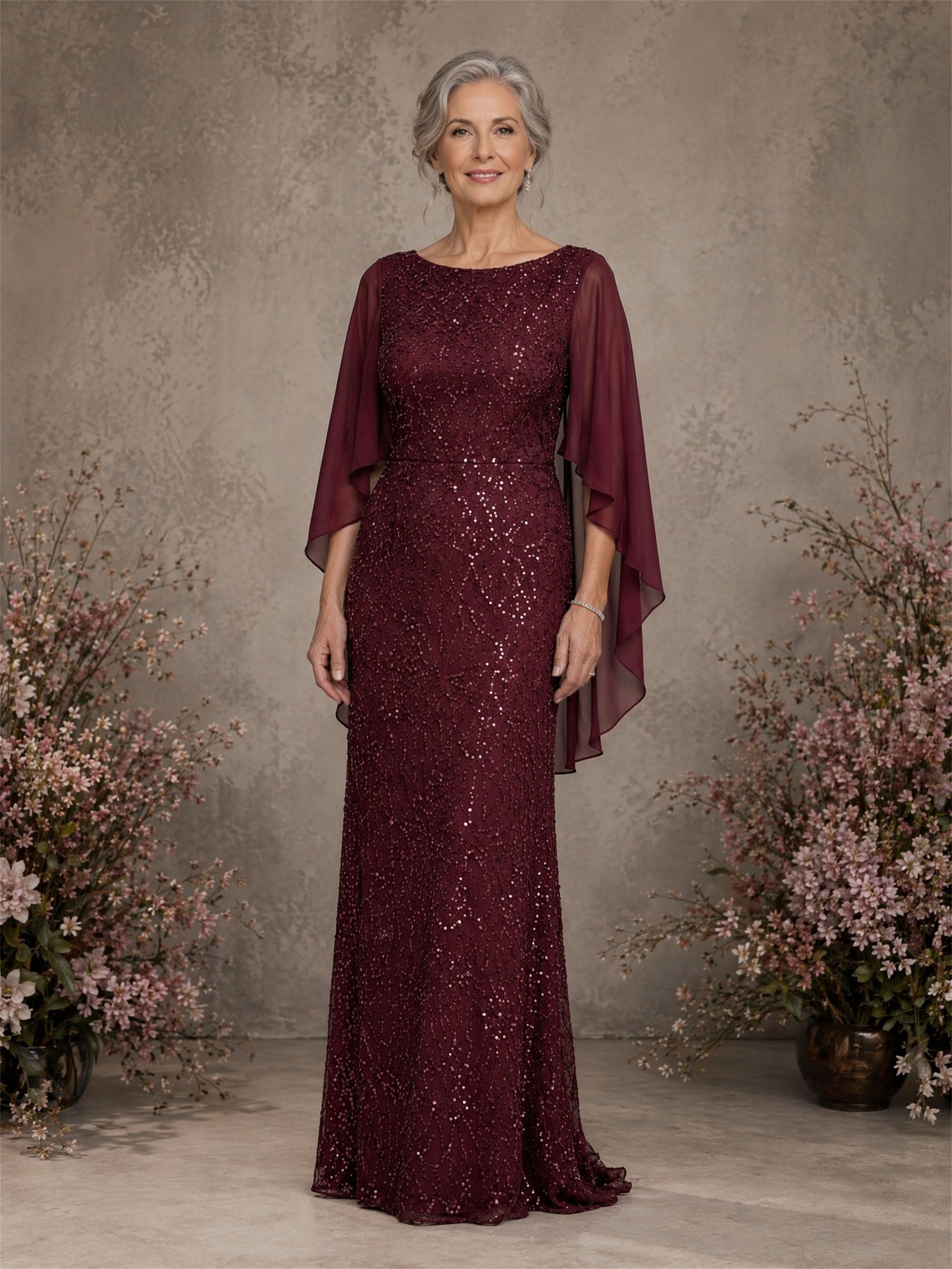 BOLODOO Burgundy Sequin Lace Cape Sleeve Sheath Formal Gown - Front Smiling View