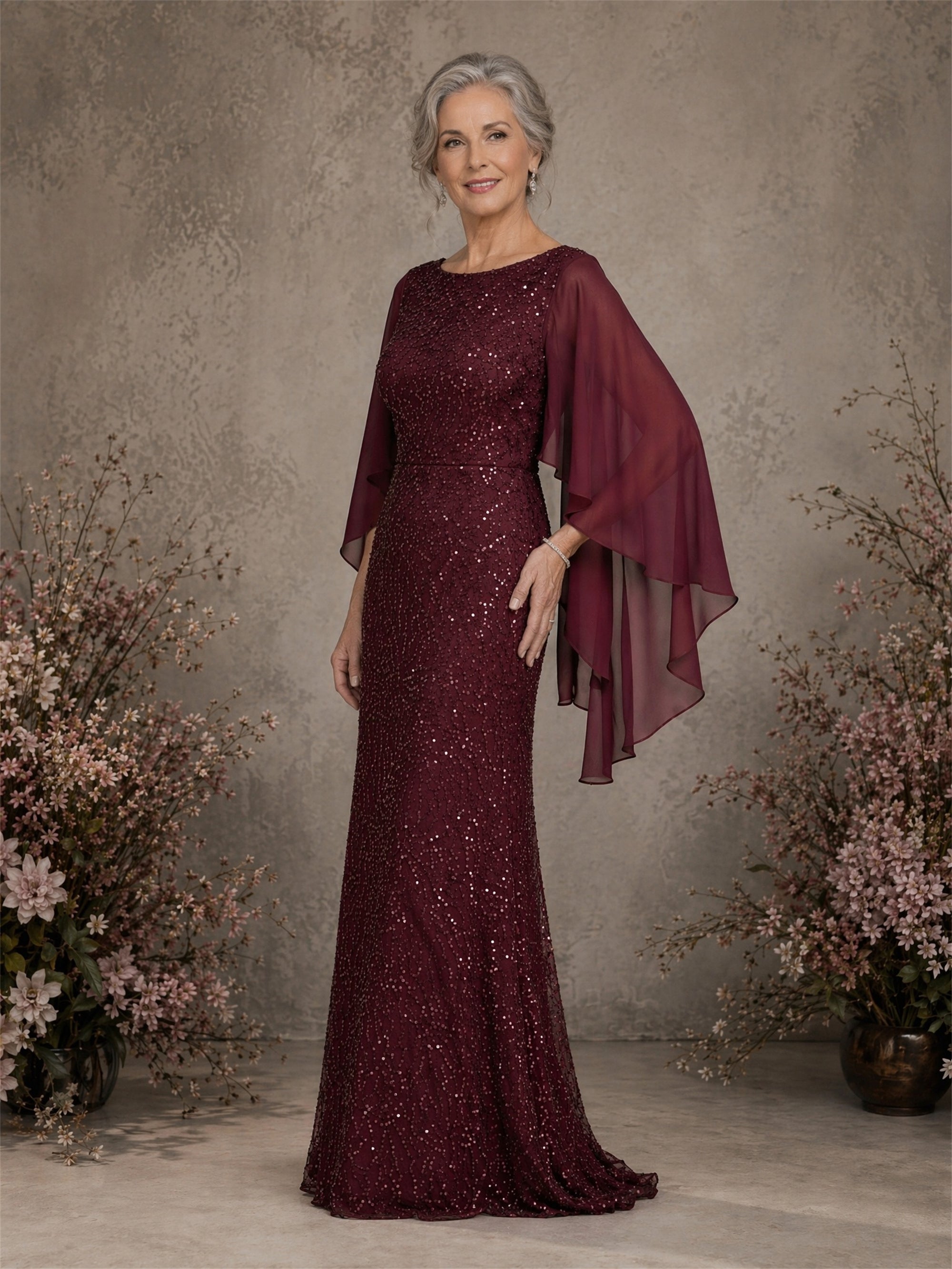 BOLODOO Burgundy Sequin Lace Cape Sleeve Sheath Formal Gown - Front Three-Quarter View