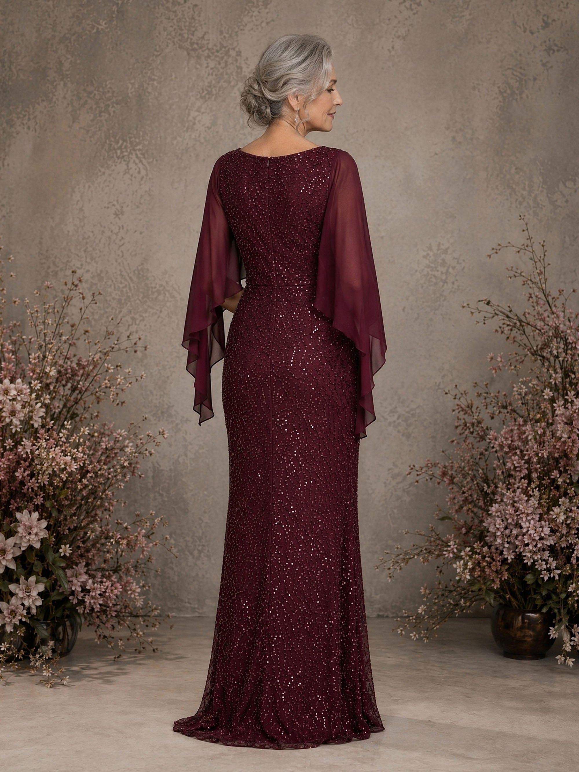 BOLODOO Burgundy Sequin Lace Cape Sleeve Sheath Formal Gown - Back View Showing Cape and Sweep Train