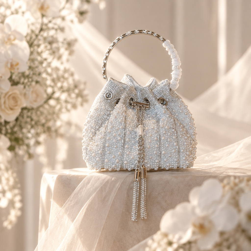 White beaded wedding handbag with silver-tone accents displayed in a floral bridal setting